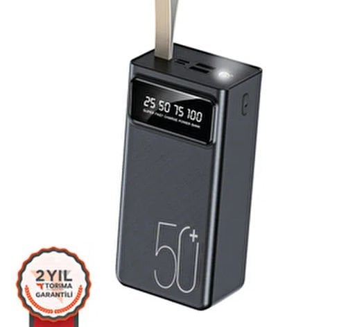 50000 Mah Powerbank - Fenerli Hızlı Şarj Dijital 4 Çıkışlı