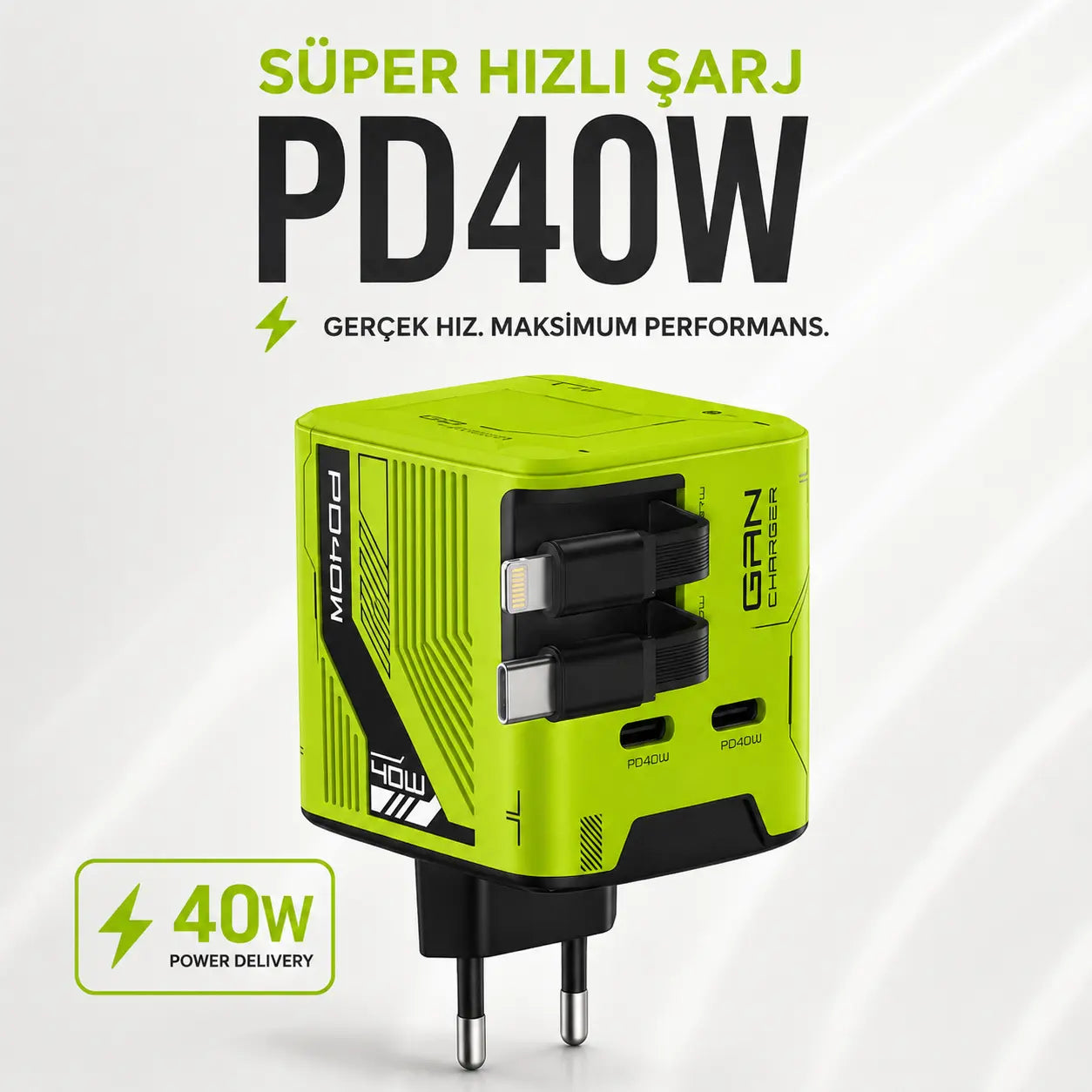 GaN PD 40W Hızlı Şarj Adaptörü – Çekmeli USB-C + Lightning Kablolu, 2× USB-C