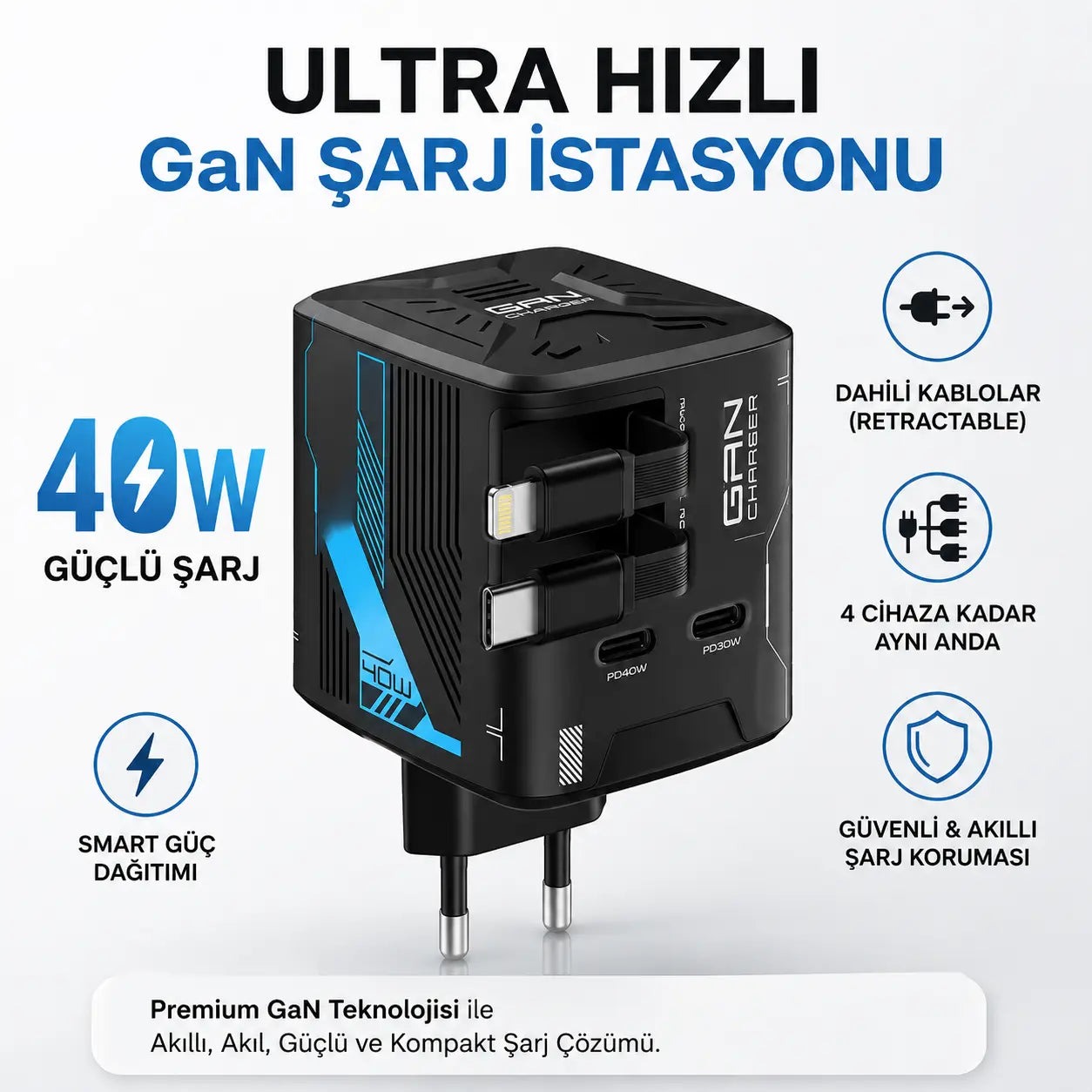 GaN PD 40W Hızlı Şarj Adaptörü – Çekmeli USB-C + Lightning Kablolu, 2× USB-C