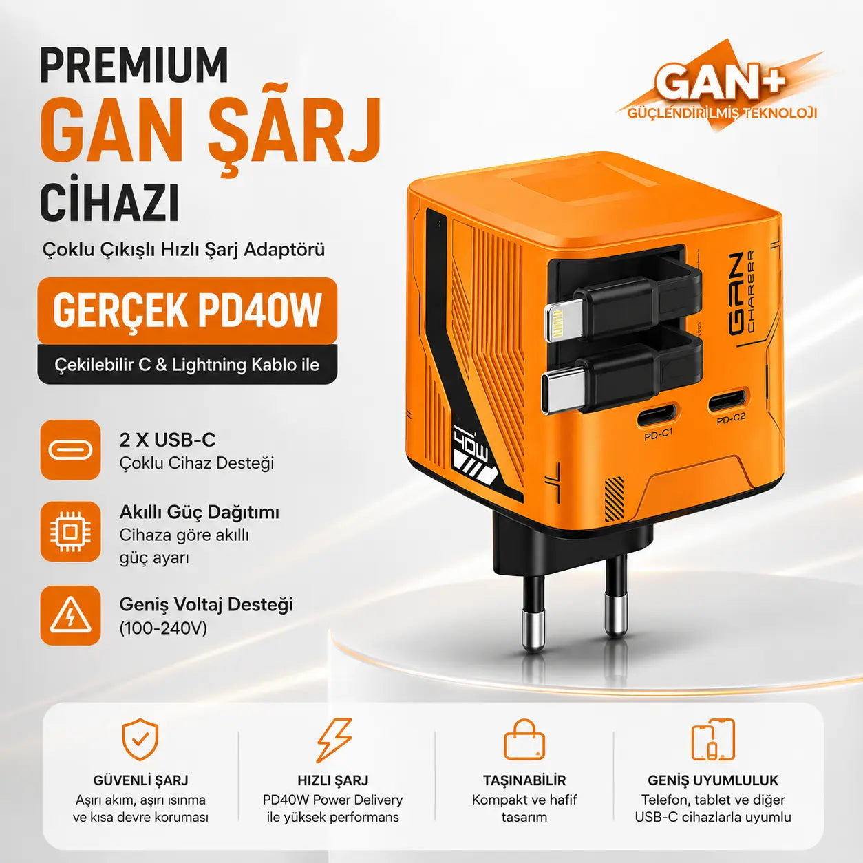 GaN PD 40W Hızlı Şarj Adaptörü – Çekmeli USB-C + Lightning Kablolu, 2× USB-C