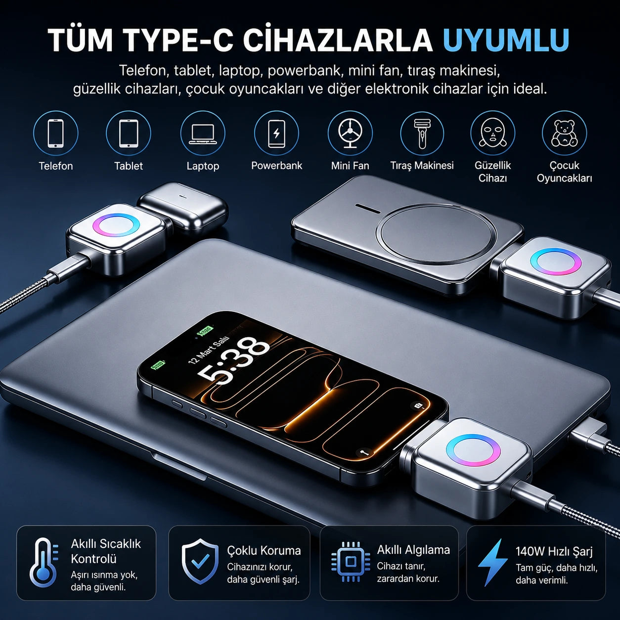 AI Akıllı Şarj Kesici Adaptör 140W — Dolunca Otomatik Kapanır