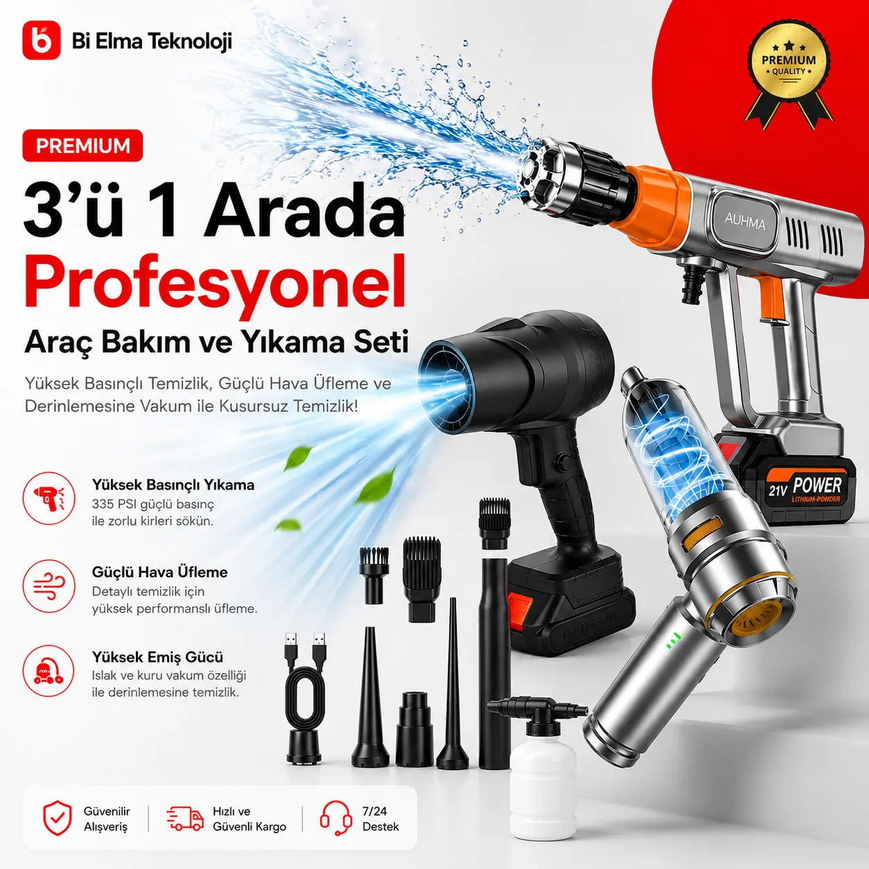 Premium 3’ü 1 Arada Profesyonel Araç Bakım ve Yıkama Seti