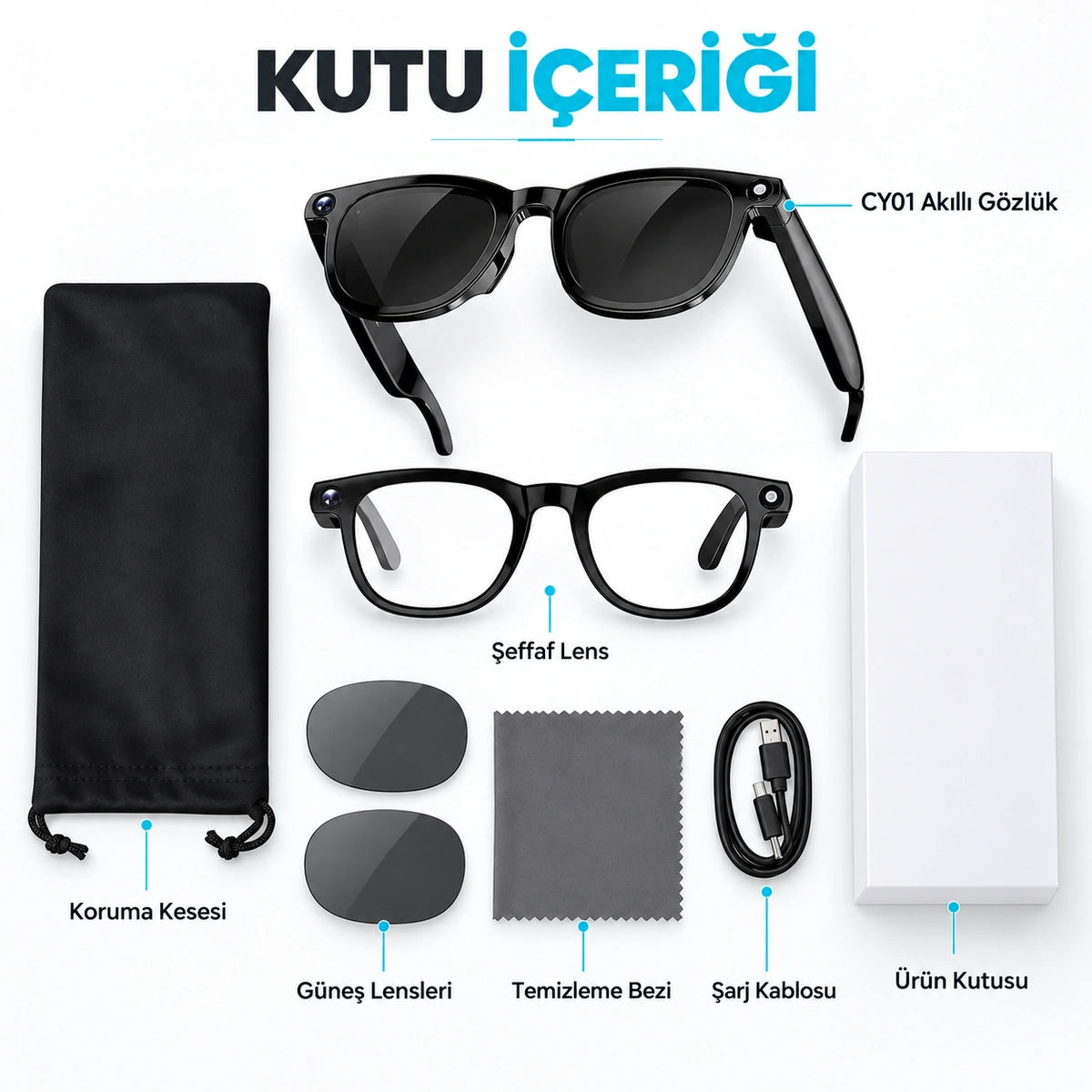 HelloTech CY01 kutu içeriği ve değiştirilebilir lensler