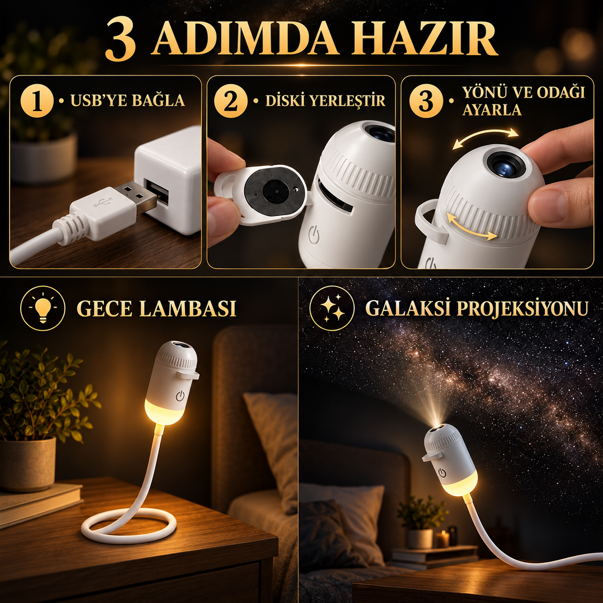 USB galaksi projektörü üç adımlı Türkçe kullanım görseli