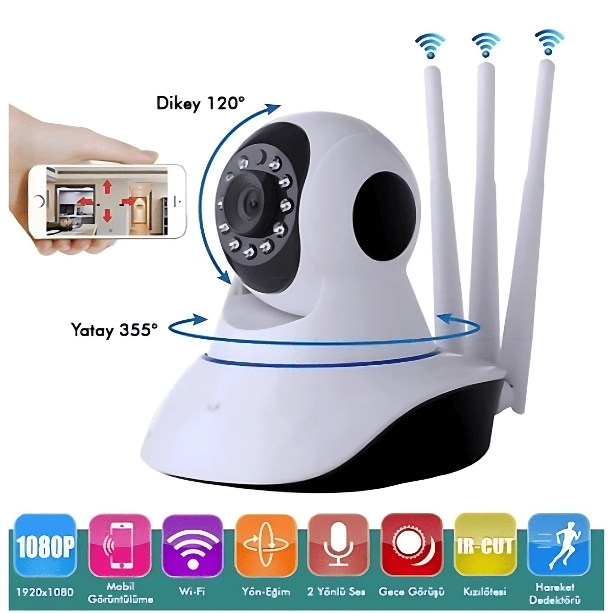 Wifi Kablosuz 3 Antenli IP Kamera - Bi Elma