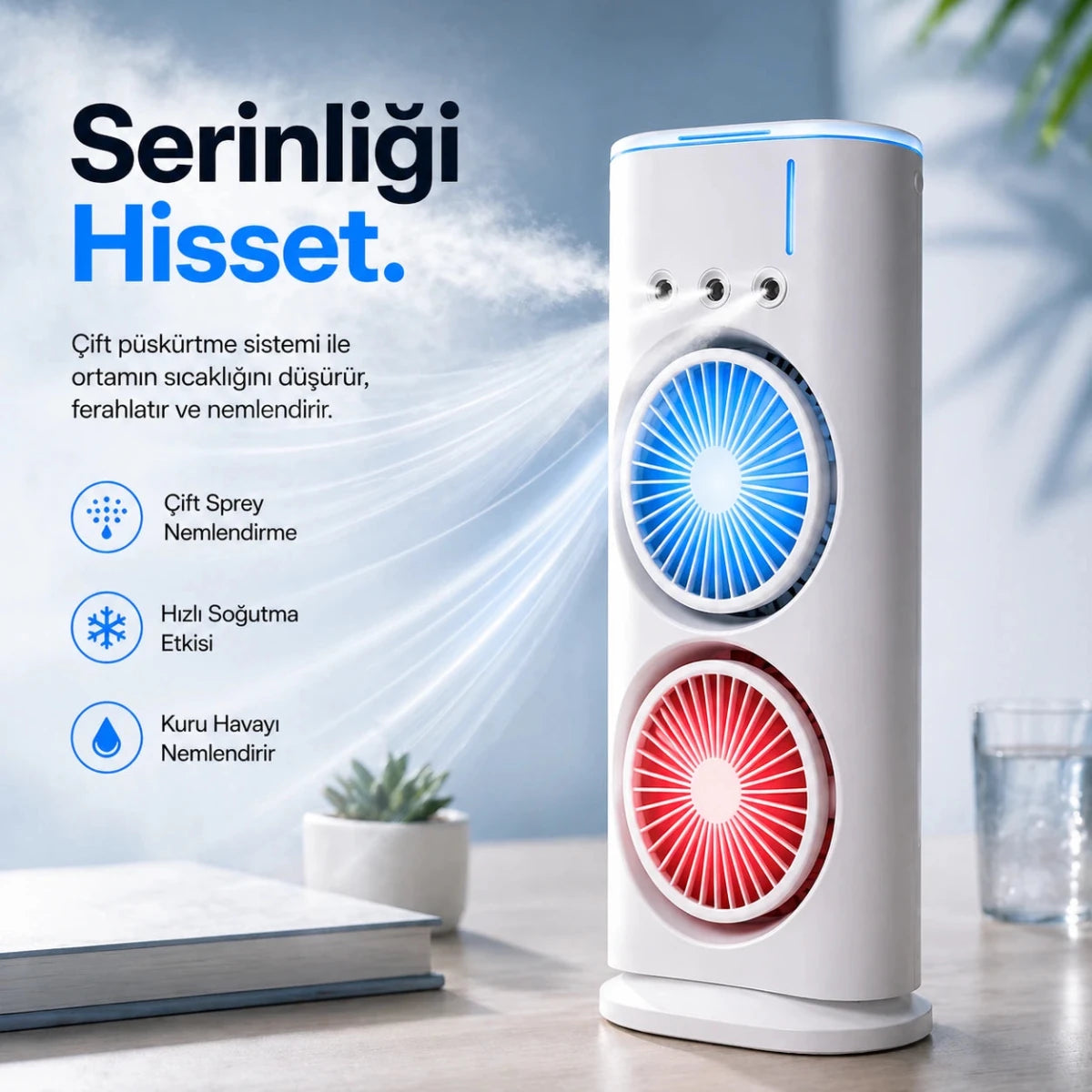 Çift Fanlı Sprey Fan 1800mAh | Mini Klima & Nemlendirici - Bi Elma