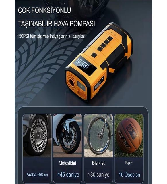 Araç Akü Takviye + Hava Pompası + Powerbank | 80000mAh 4 in 1 Çok Fonksiyonlu Cihaz - Bi Elma