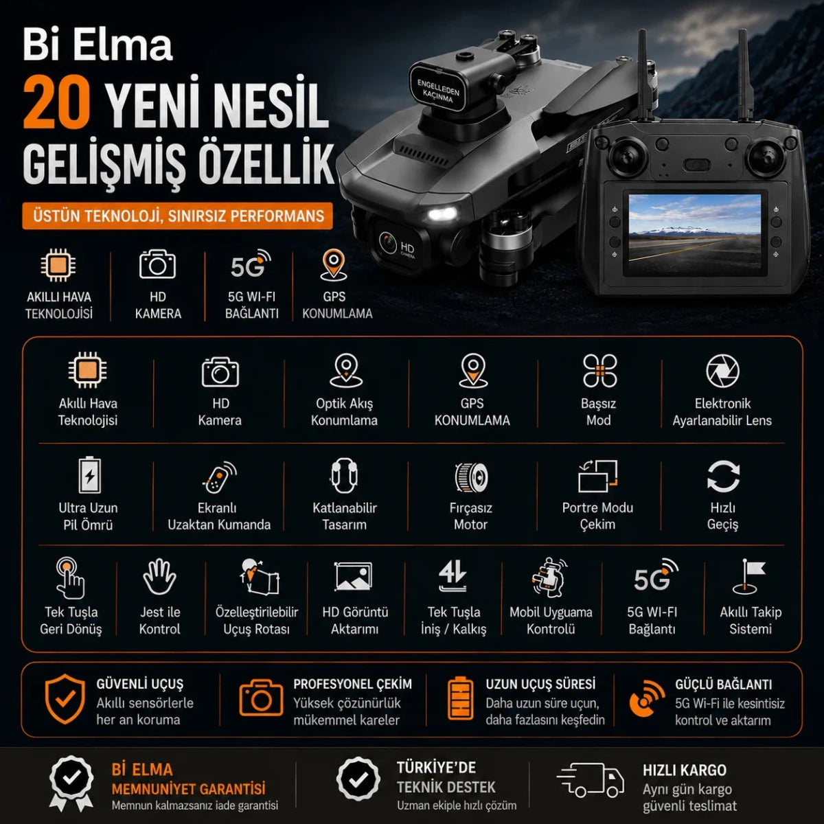 W9 Max Drone – Çift Batarya, Çift Kamera, GPS Takip, Fırçasız Motor, Engel Algılama, Ekranlı Kumanda - Bi Elma