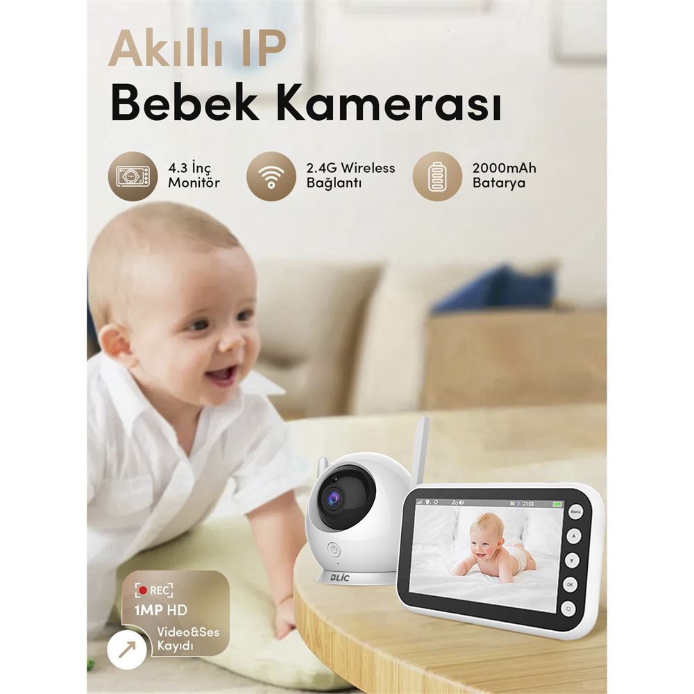 4.3'' Ekranlı Kablosuz Bebek Kamerası – Gece Görüşü, Çift Yönlü Ses, Sıcaklık Sensörü, 8 Ninni - Bi Elma