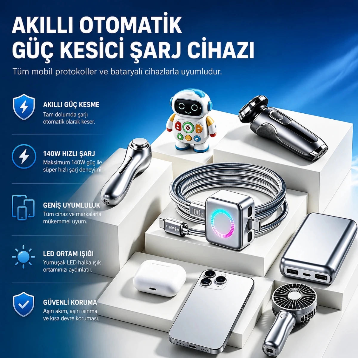 AI Akıllı Şarj Kesici Adaptör 140W — Dolunca Otomatik Kapanır - Bi Elma