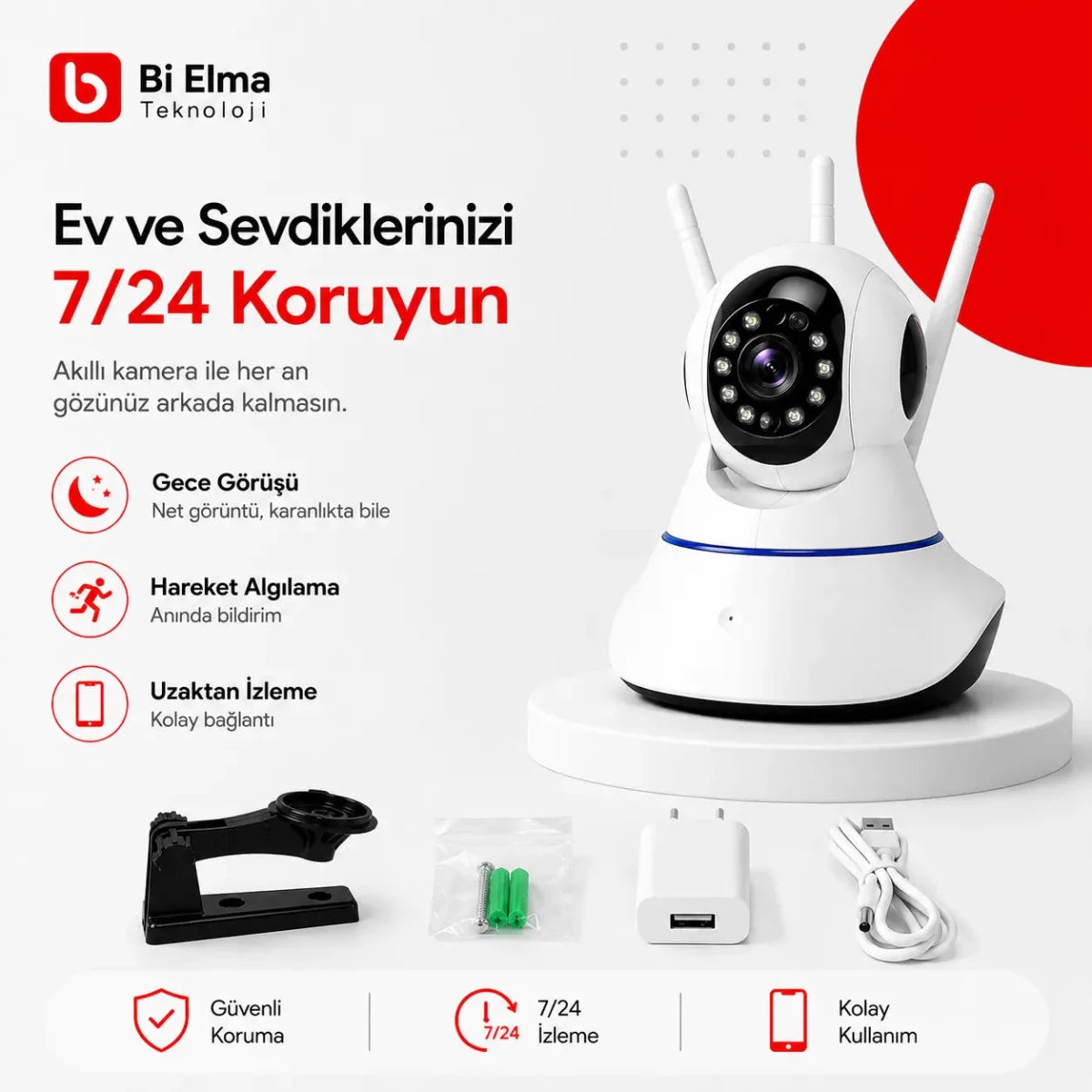 3 Antenli Wifi IP Kamera – 1080p HD Güvenlik ve Bebek Kamerası | Gece Görüşlü, Hareket Algılamalı - Bi Elma