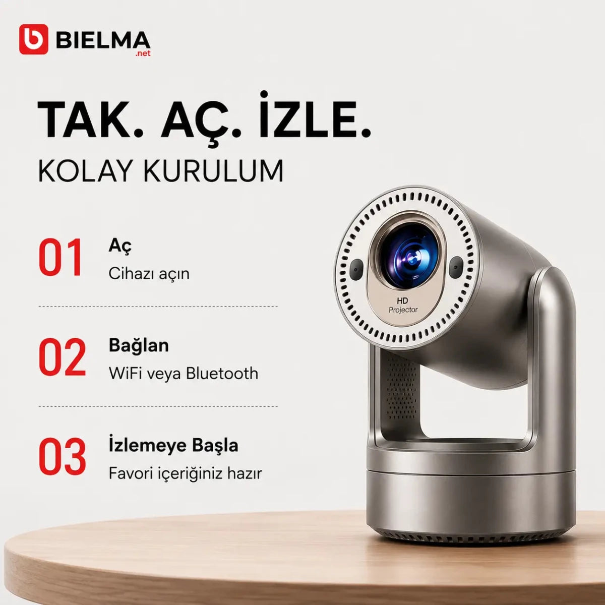 Dahili Bataryalı Premium Android Projeksiyon | Hoparlörlü, Otomatik Odaklı 4K Taşınabilir Sinema - Bi Elma