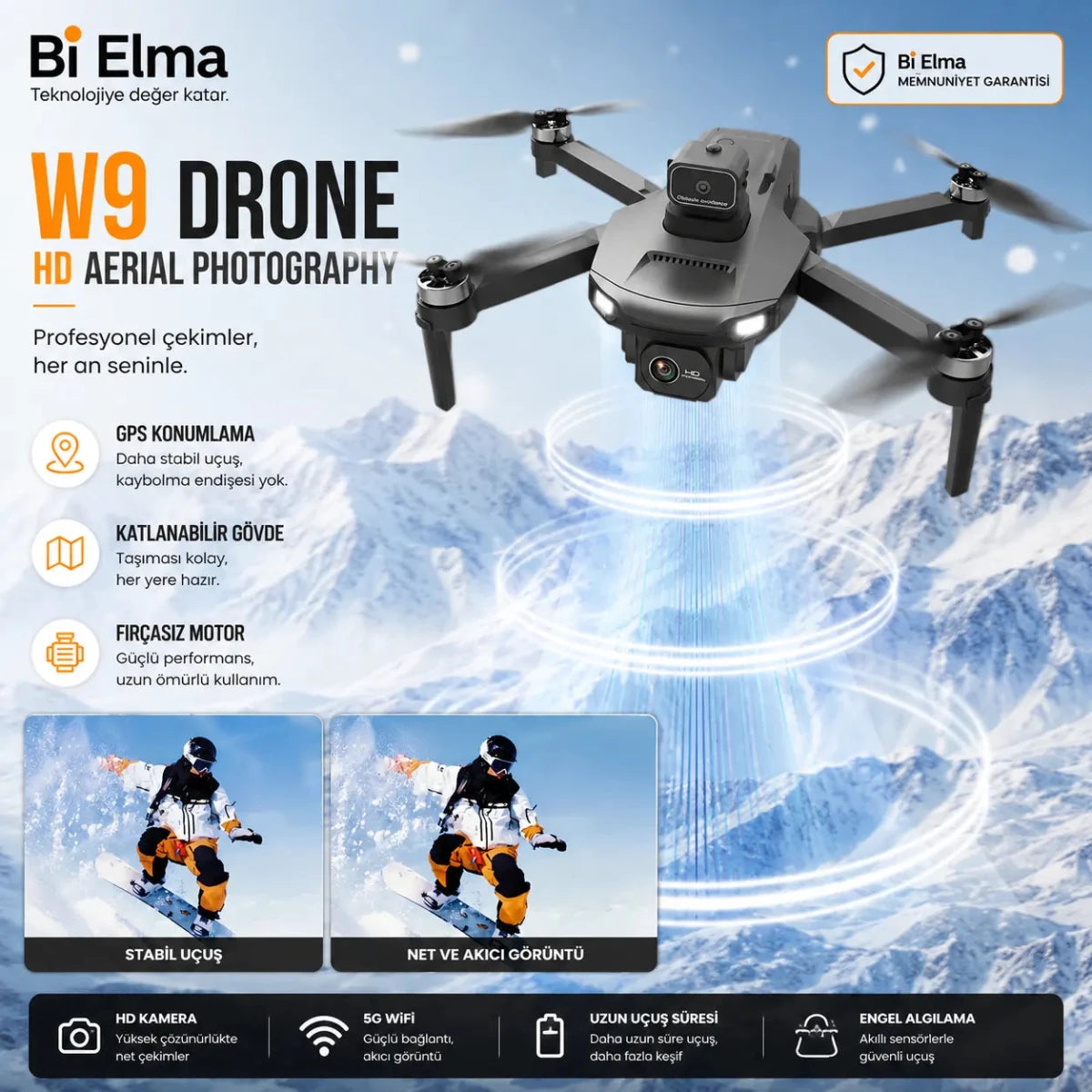 W9 Max Drone – Çift Batarya, Çift Kamera, GPS Takip, Fırçasız Motor, Engel Algılama, Ekranlı Kumanda - Bi Elma