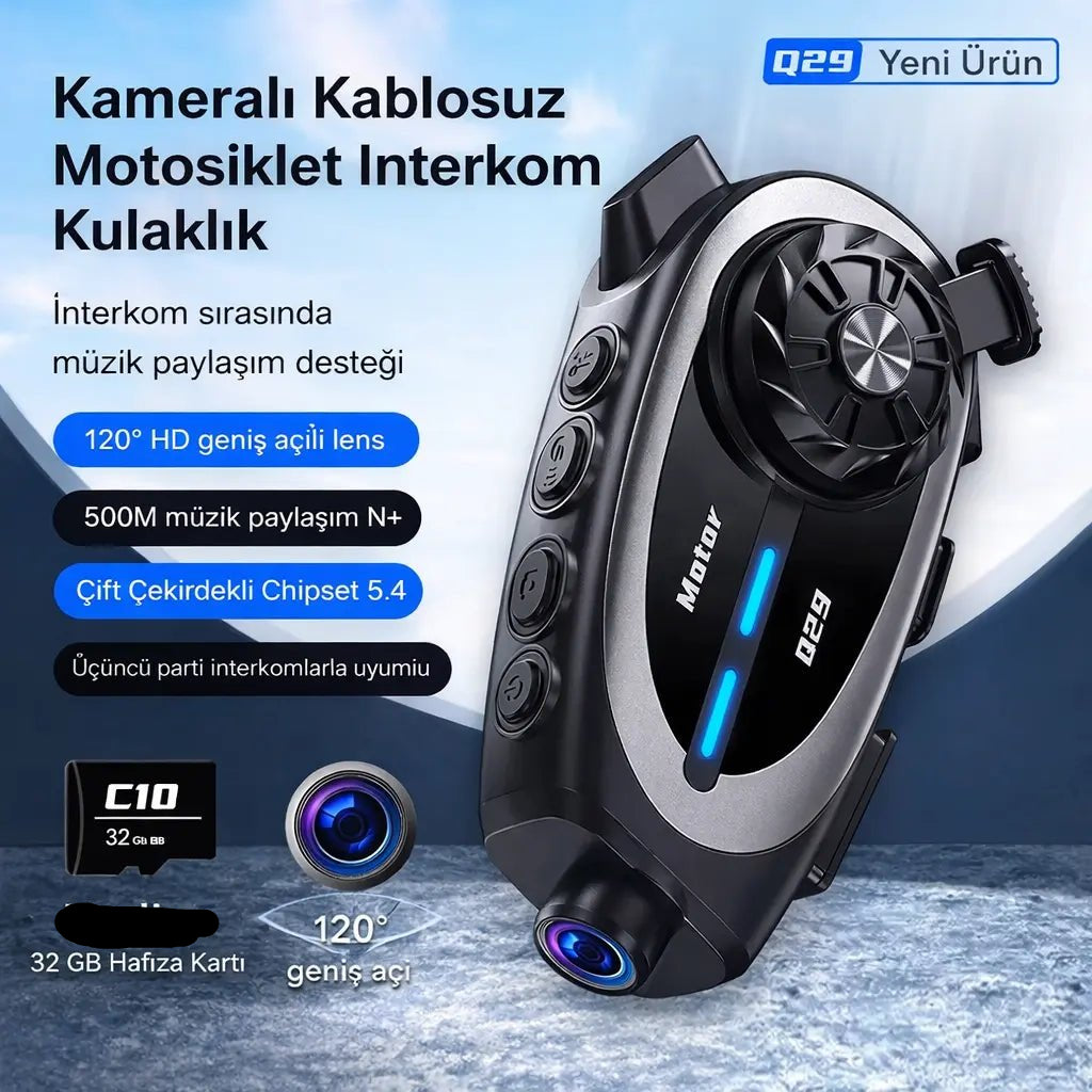Q29 Kameralı Motosiklet Bluetooth Intercom - Bi Elma