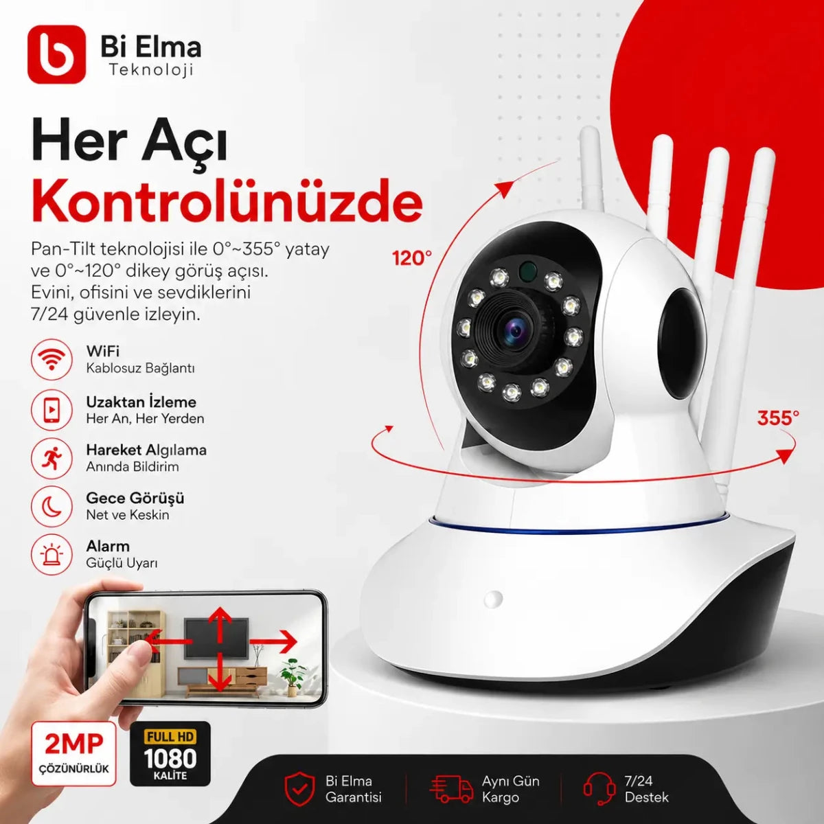 3 Antenli Wifi IP Kamera – 1080p HD Güvenlik ve Bebek Kamerası | Gece Görüşlü, Hareket Algılamalı - Bi Elma