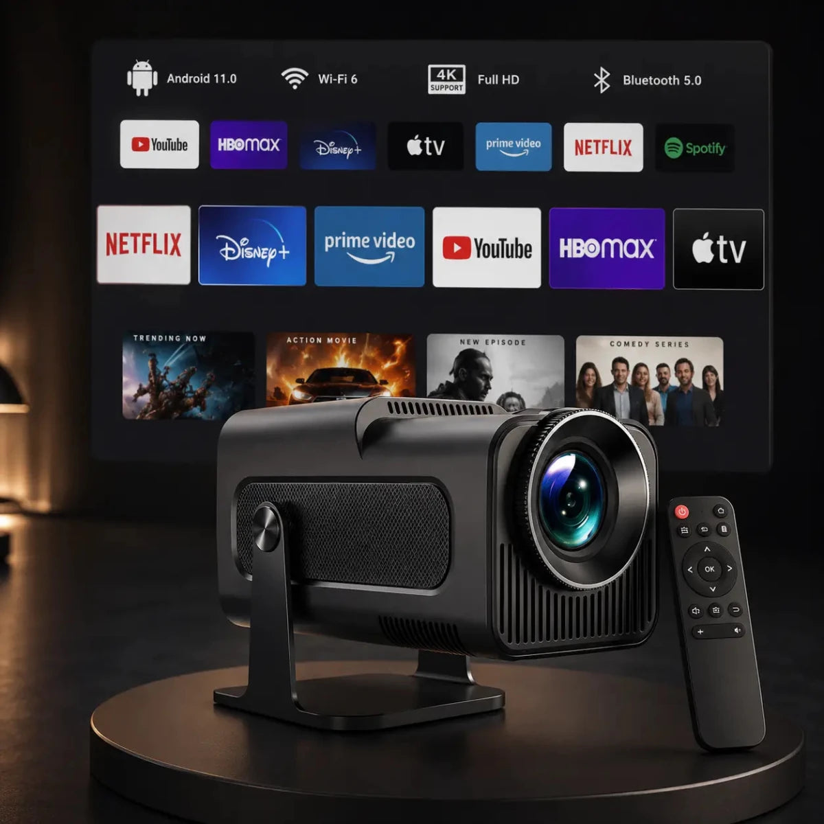 Hello HY320 Mini Taşınabilir Android 11.0 Akıllı Projektör - 720P WiFi 6 Ev Sineması - Bi Elma