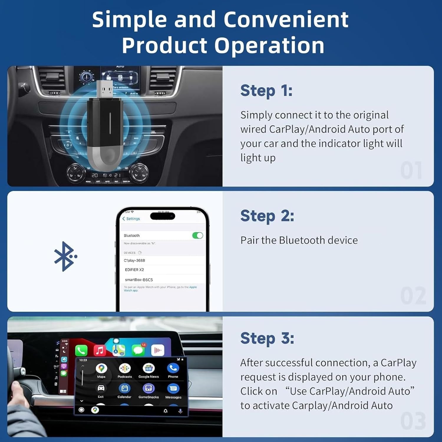 Kablosuz Araç CarPlay & Android Auto USB ve Type C Bluetooth Adaptör - Bi Elma