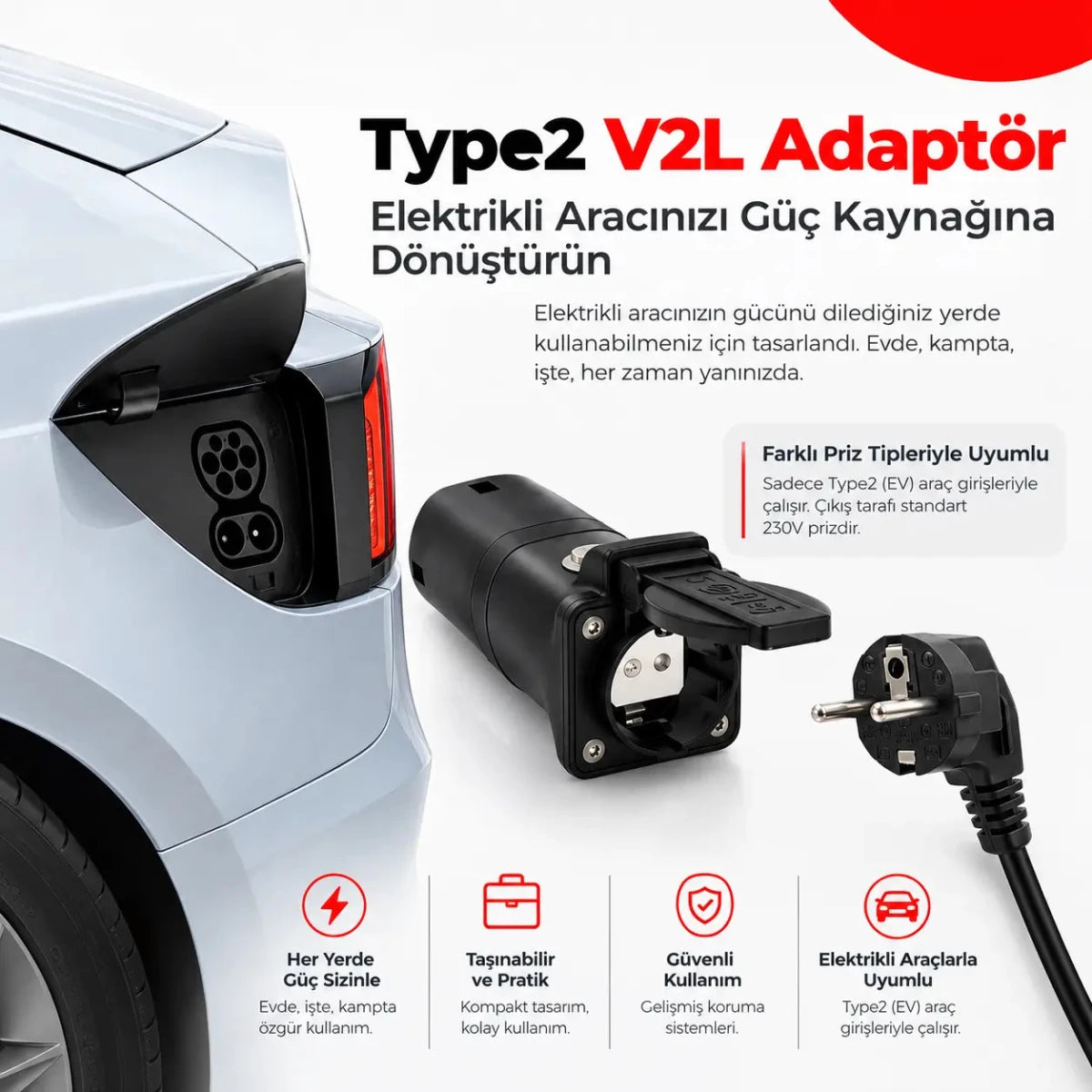 HelloTech V2L Type 2 Elektrikli Araç Güç Çıkış Adaptörü –Togg, Hyundai, Kia ve KGM - Bi Elma