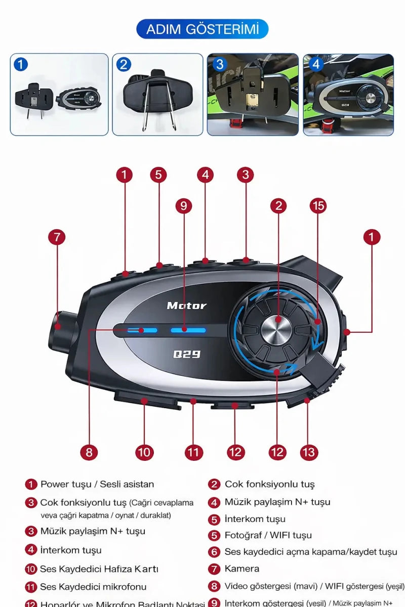 Q29 Kameralı Motosiklet Bluetooth Intercom - Bi Elma