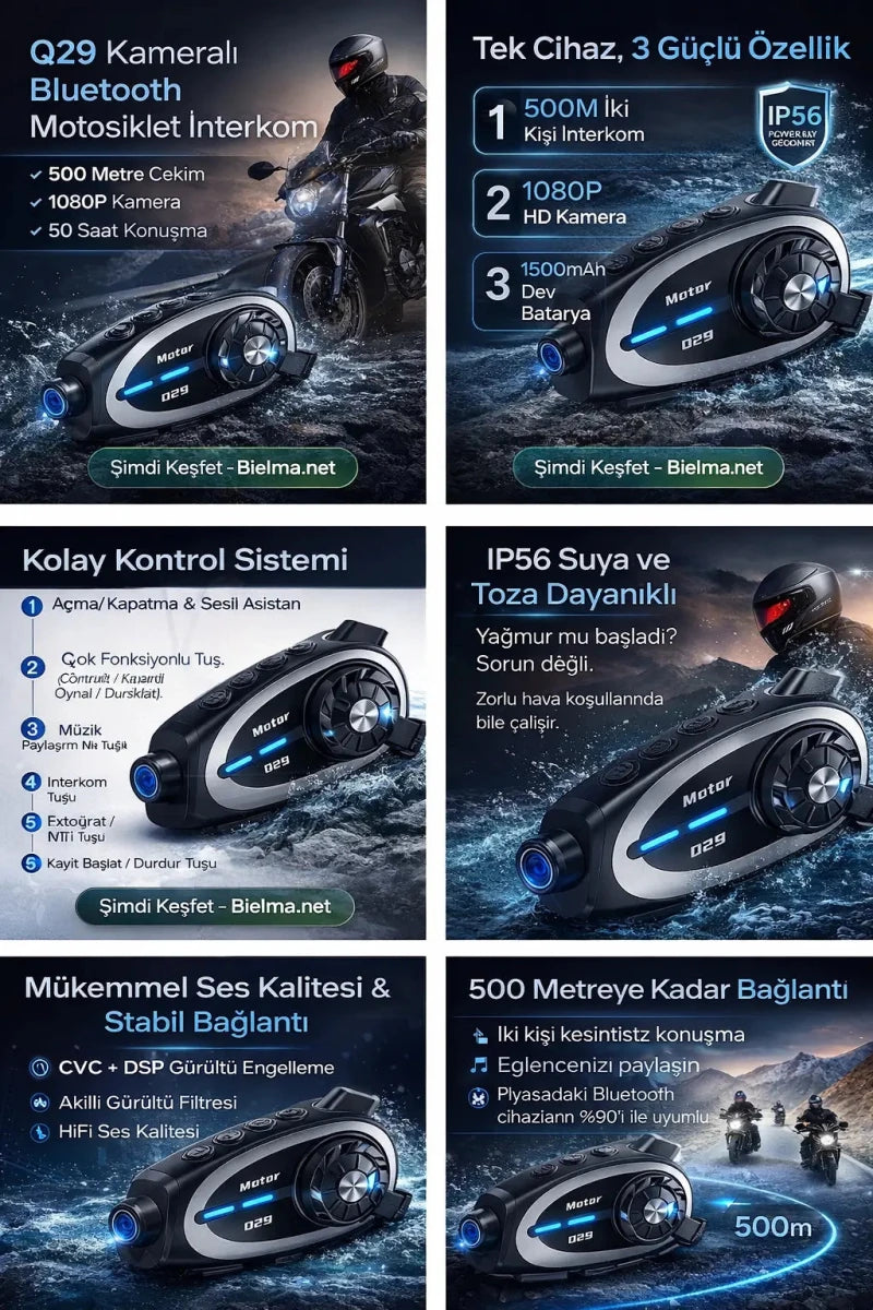 Q29 Kameralı Motosiklet Bluetooth Intercom - Bi Elma