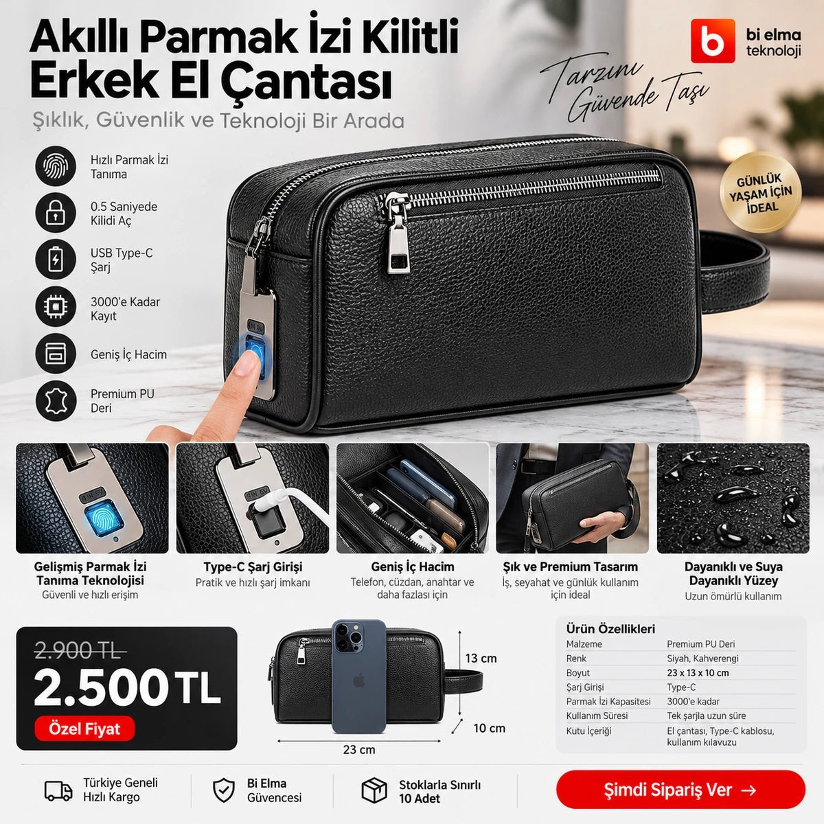Akıllı Parmak İzi Kilitli Deri El Çantası - Bi Elma
