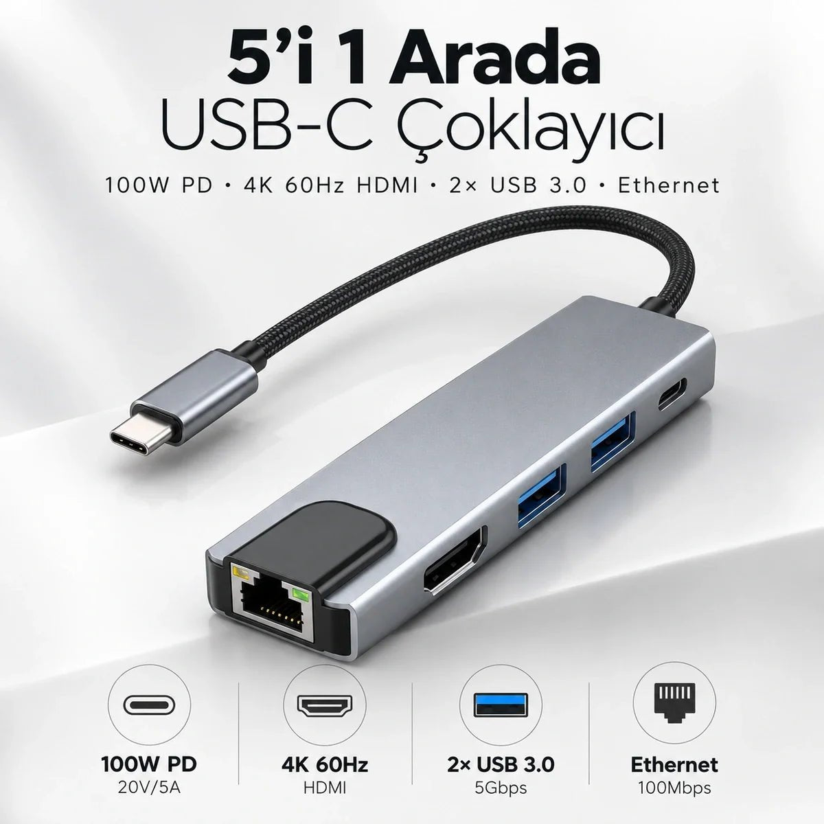 5'i 1 Arada USB-C Çoklayıcı – 100W PD, 4K HDMI, Ethernet - Bi Elma
