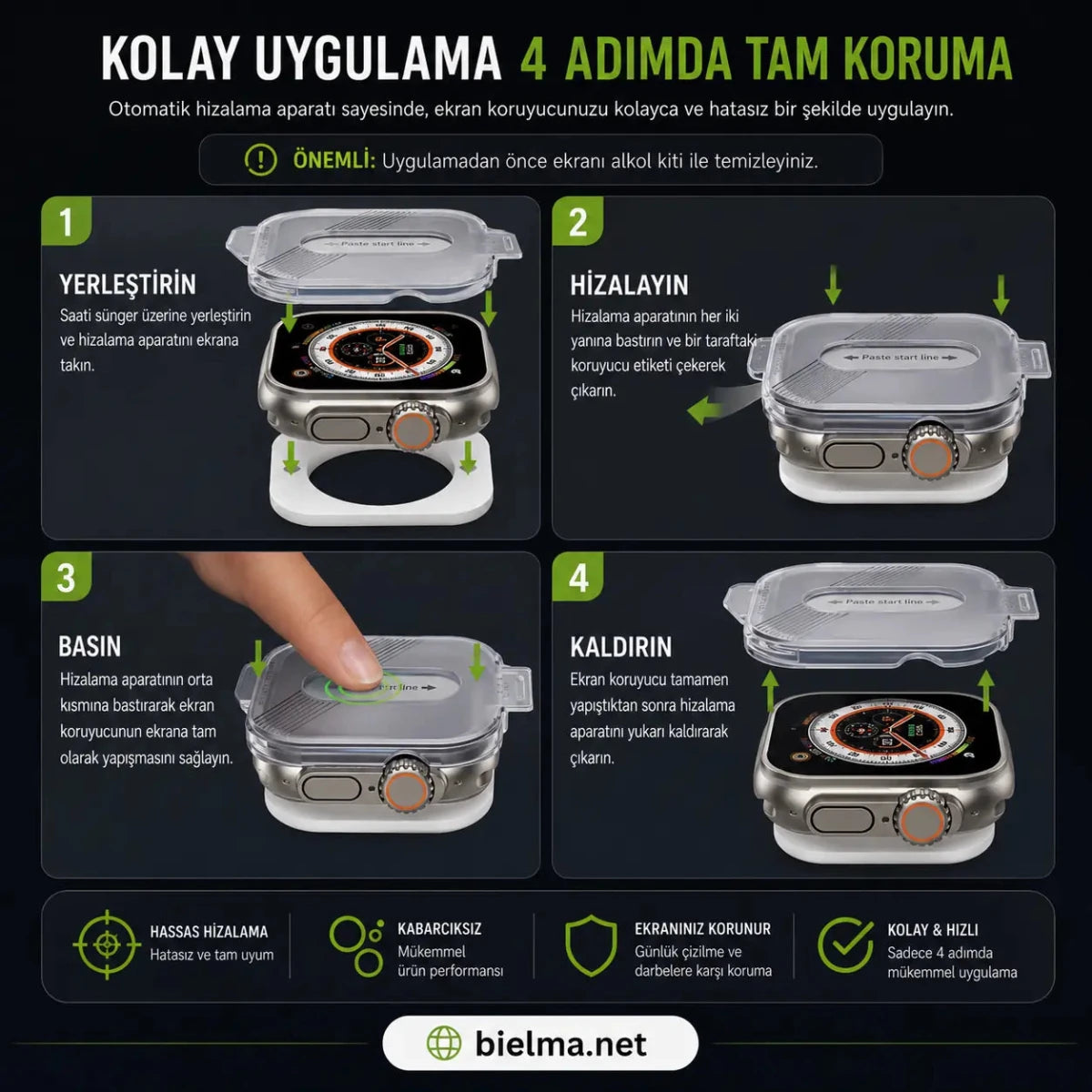 Watch Ultra 49mm Uyumlu Aparatlı Cam Ekran Koruyucu - Bi Elma