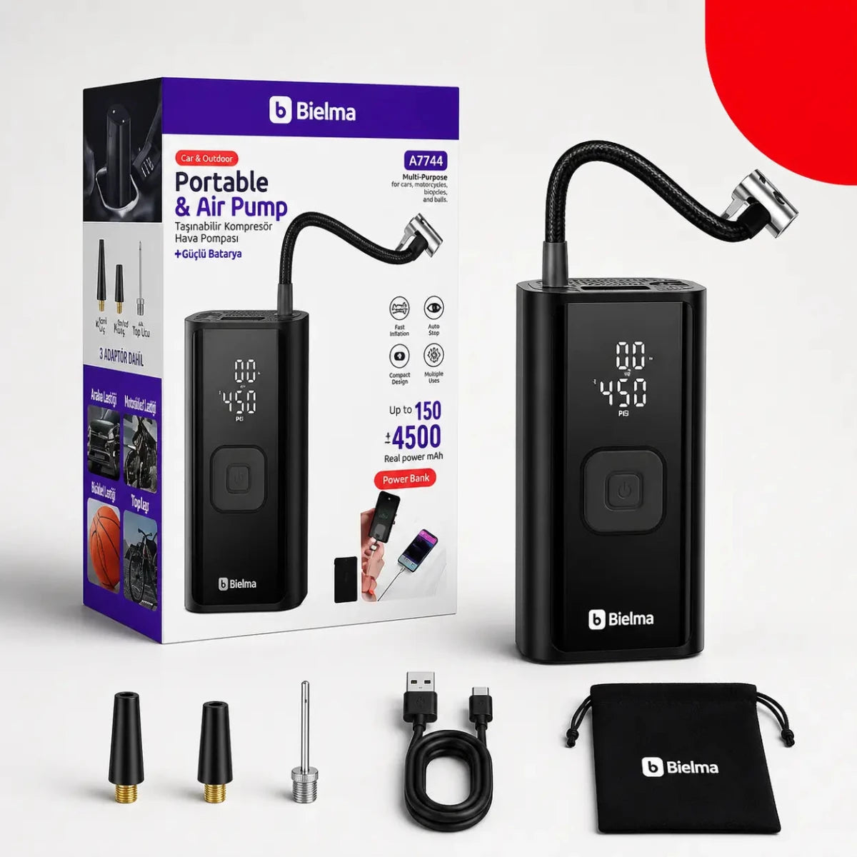 Akıllı Dijital Hava Araç Lastik Pompası - Bi Elma