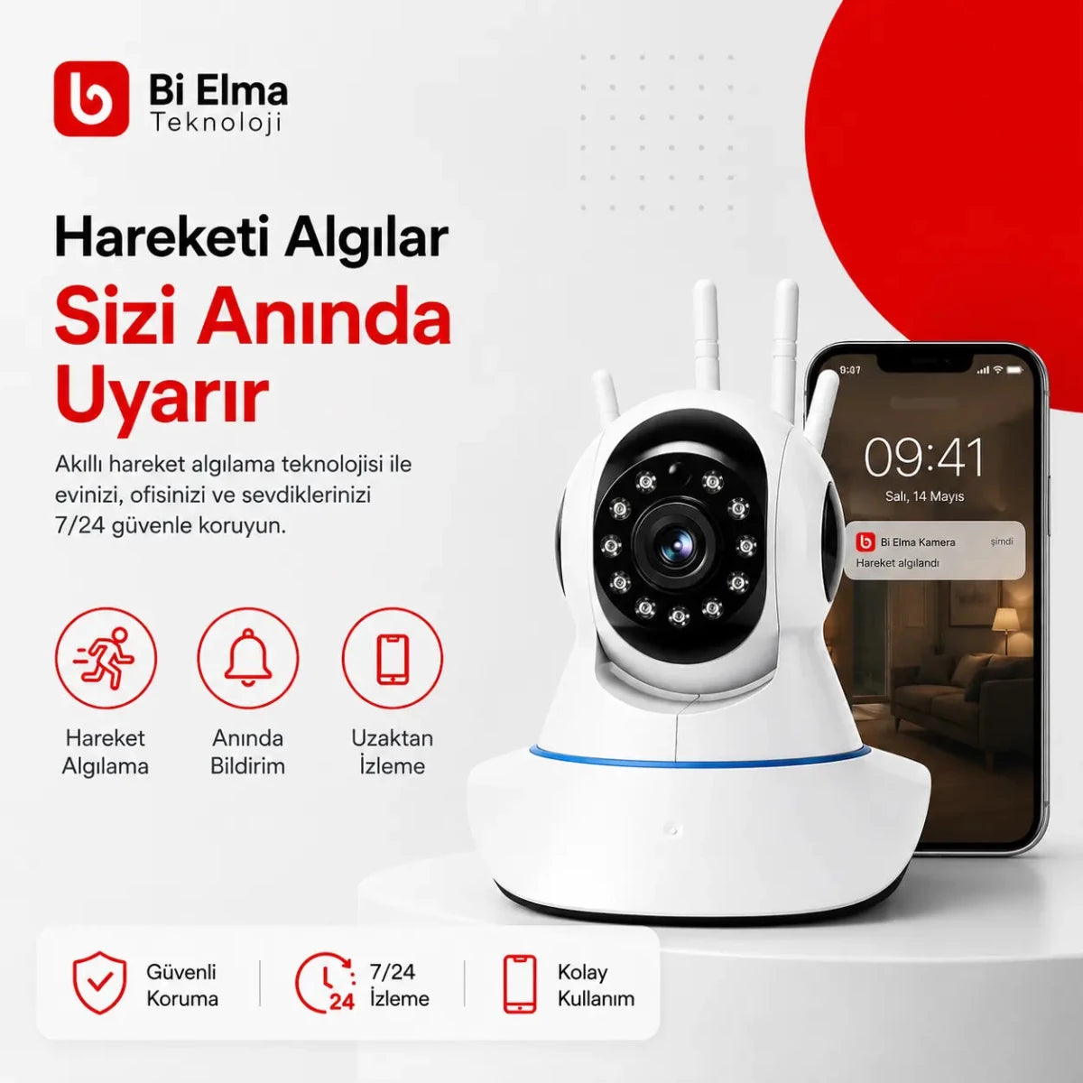 3 Antenli Wifi IP Kamera – 1080p HD Güvenlik ve Bebek Kamerası | Gece Görüşlü, Hareket Algılamalı - Bi Elma