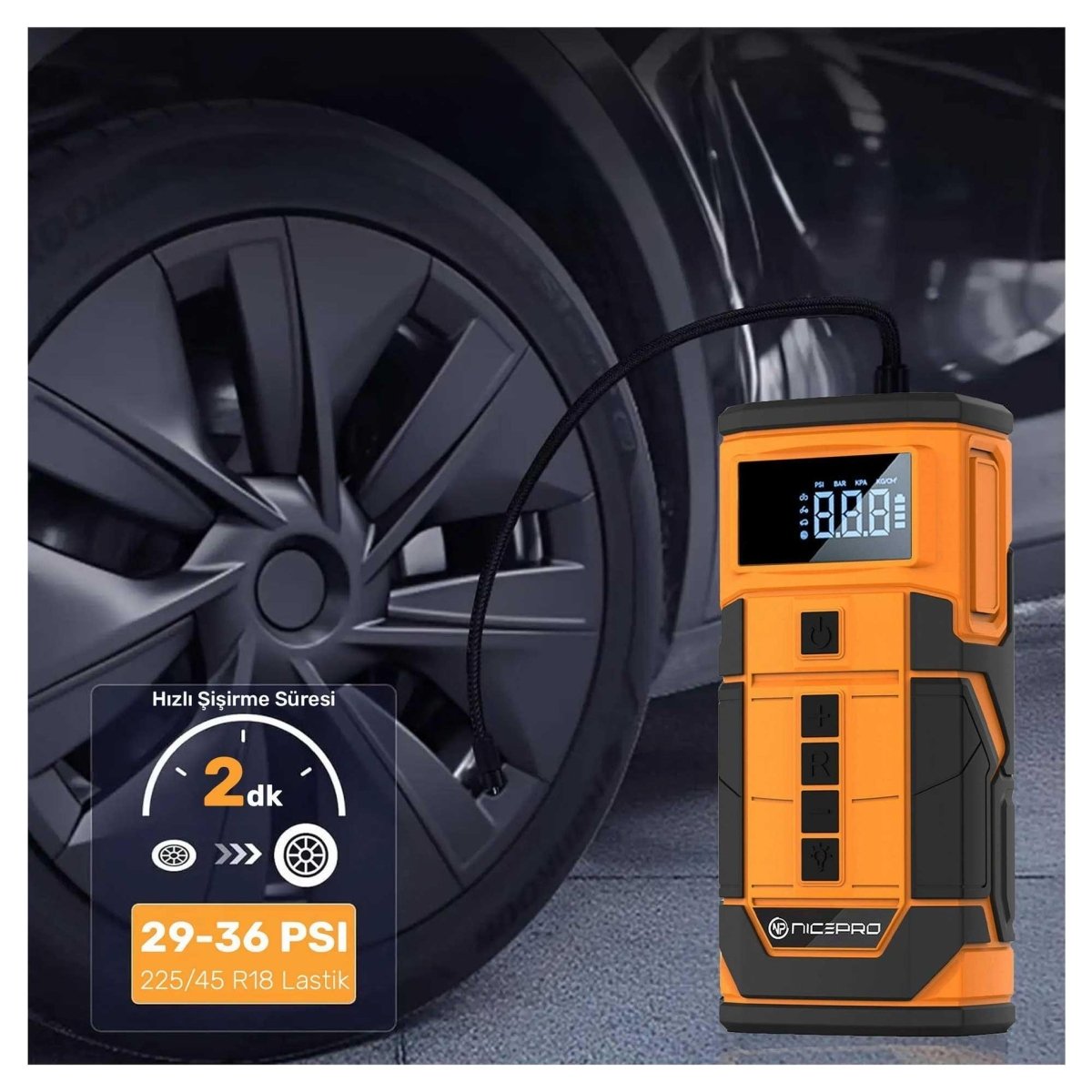 Araç Akü Takviye + Hava Pompası + Powerbank | 80000mAh 4 in 1 Çok Fonksiyonlu Cihaz - Bi Elma