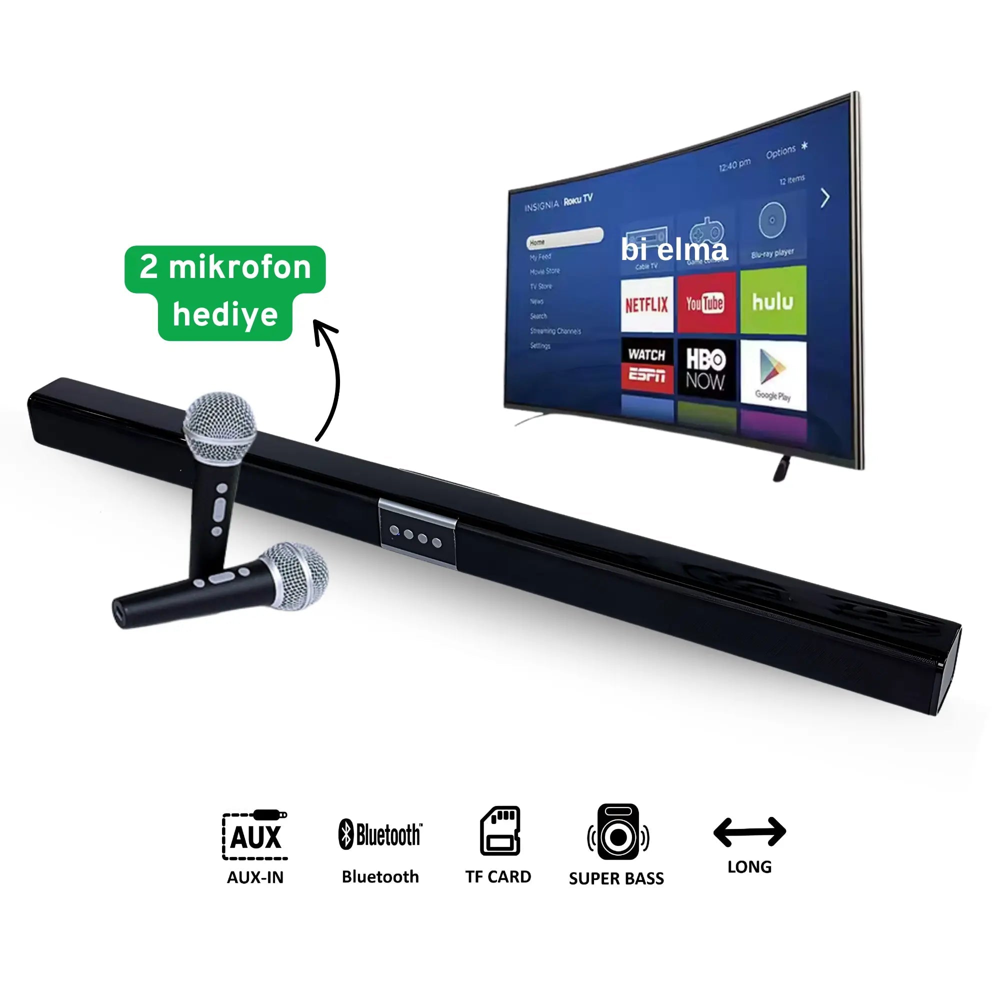 Kablosuz Bluetooth Soundbar Speaker - 2 Adet Mikrofon Hediyeli - Bi Elma