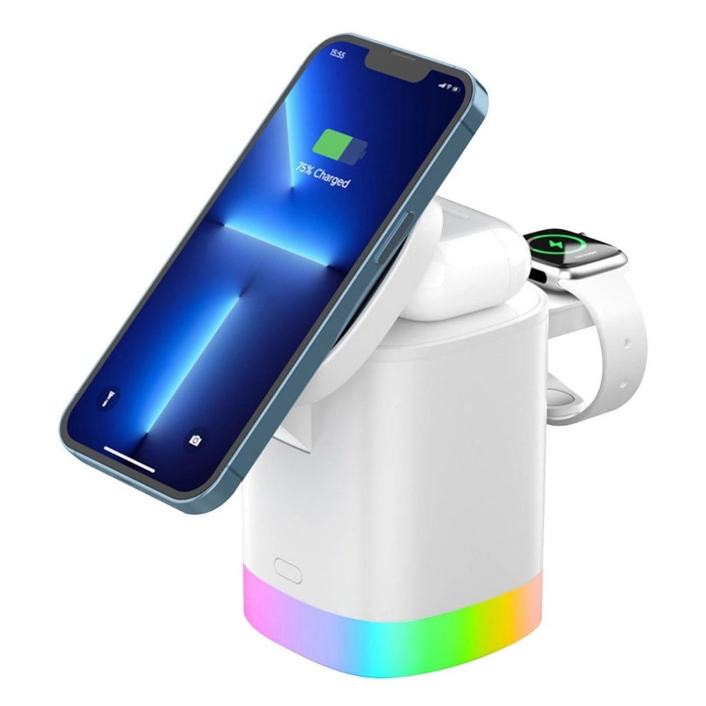 3'ü 1 Arada MagSafe Kablosuz Şarj Standı – 15W, RGB Işıklı (Telefon + Akıllı Saat + Kulaklık) - Bi Elma