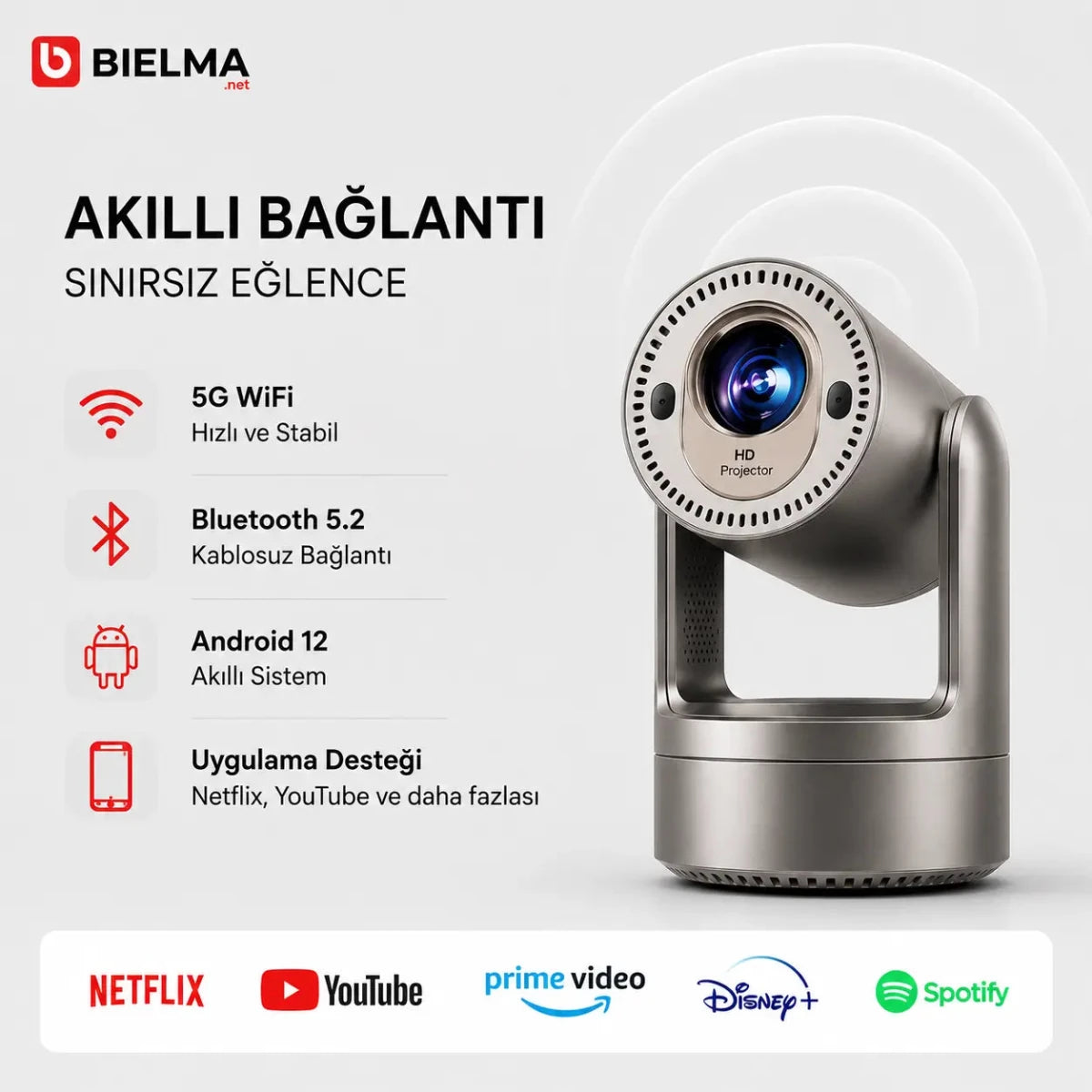 Dahili Bataryalı Premium Android Projeksiyon | Hoparlörlü, Otomatik Odaklı 4K Taşınabilir Sinema - Bi Elma