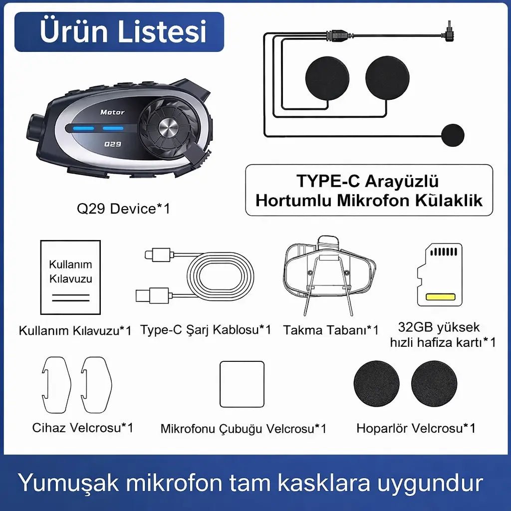 Q29 Kameralı Motosiklet Bluetooth Intercom - Bi Elma