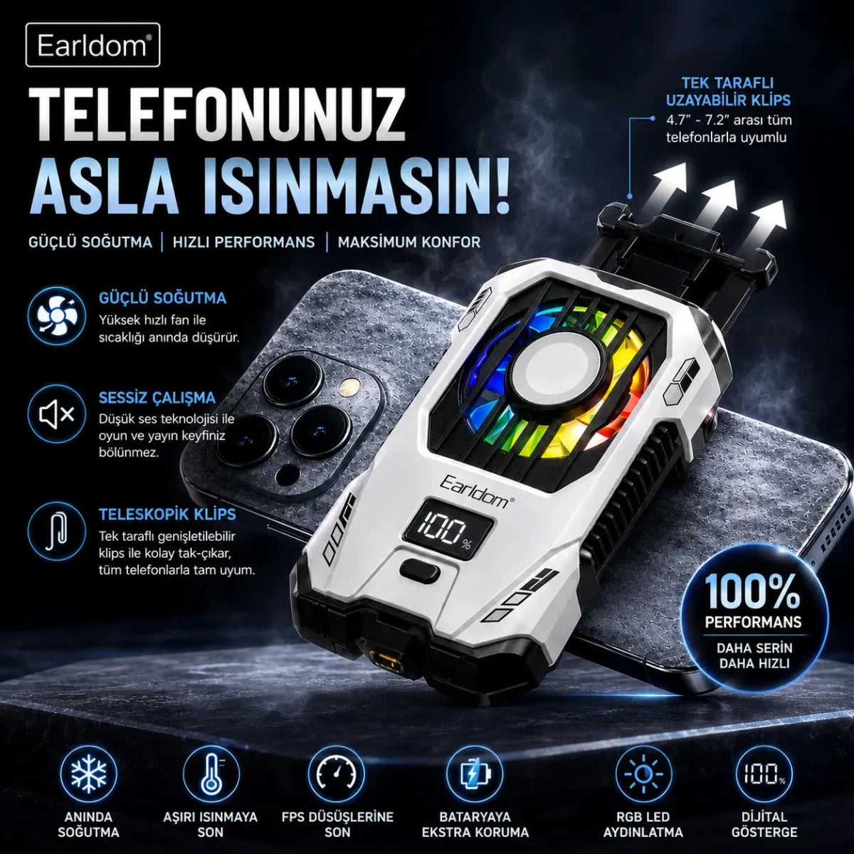 Earldom Powerbankli RGB Telefon Soğutucu 2500 mAh - Bi Elma