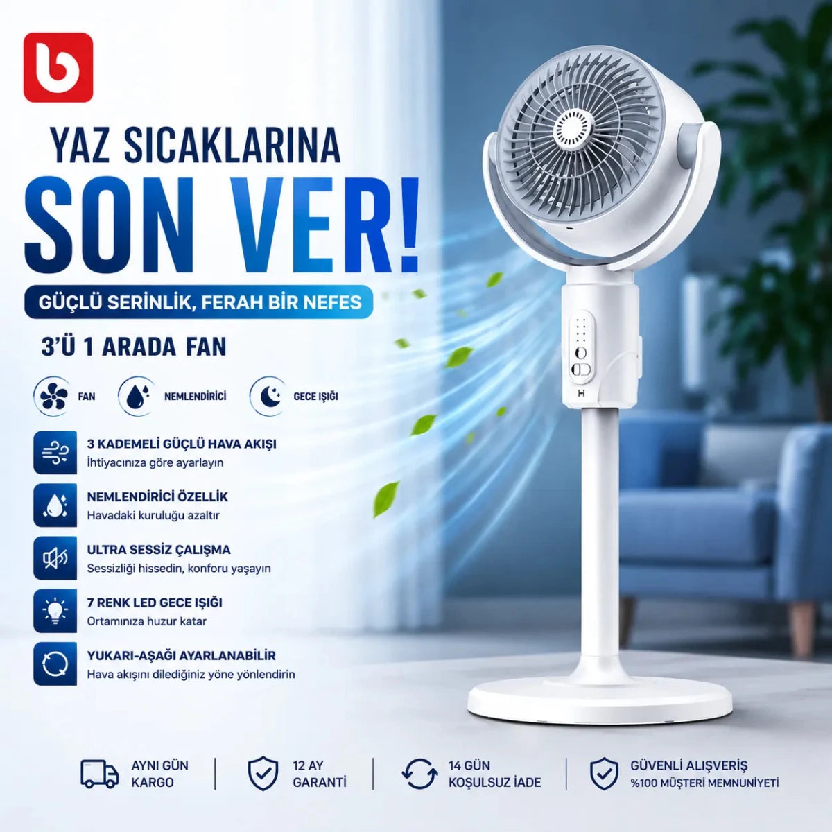 Şarjlı Vantilatör – Masaüstü ve Ayaklı Kullanım, F1 Kumandalı 5 Kademeli Serinletici Fan - Bi Elma