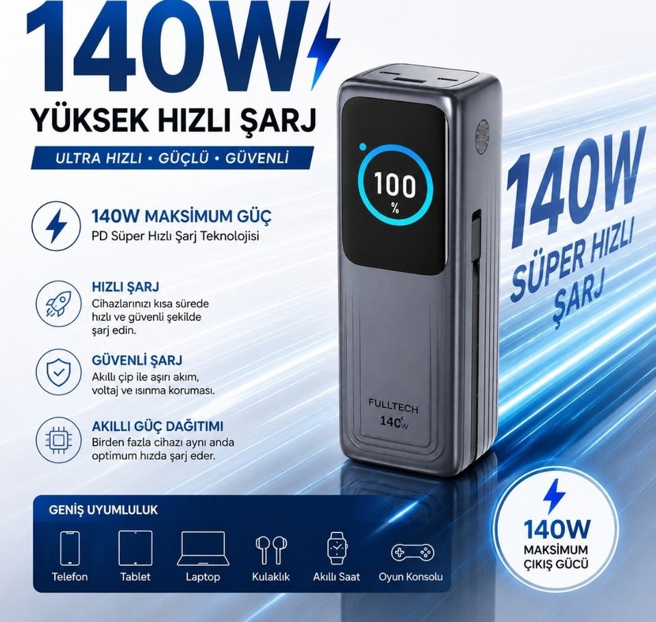140W Akıllı Ekranlı Hızlı Şarj 30.000MAH Powerbank - 4 Cihaz Eşzamanlı Şarj - Bi Elma