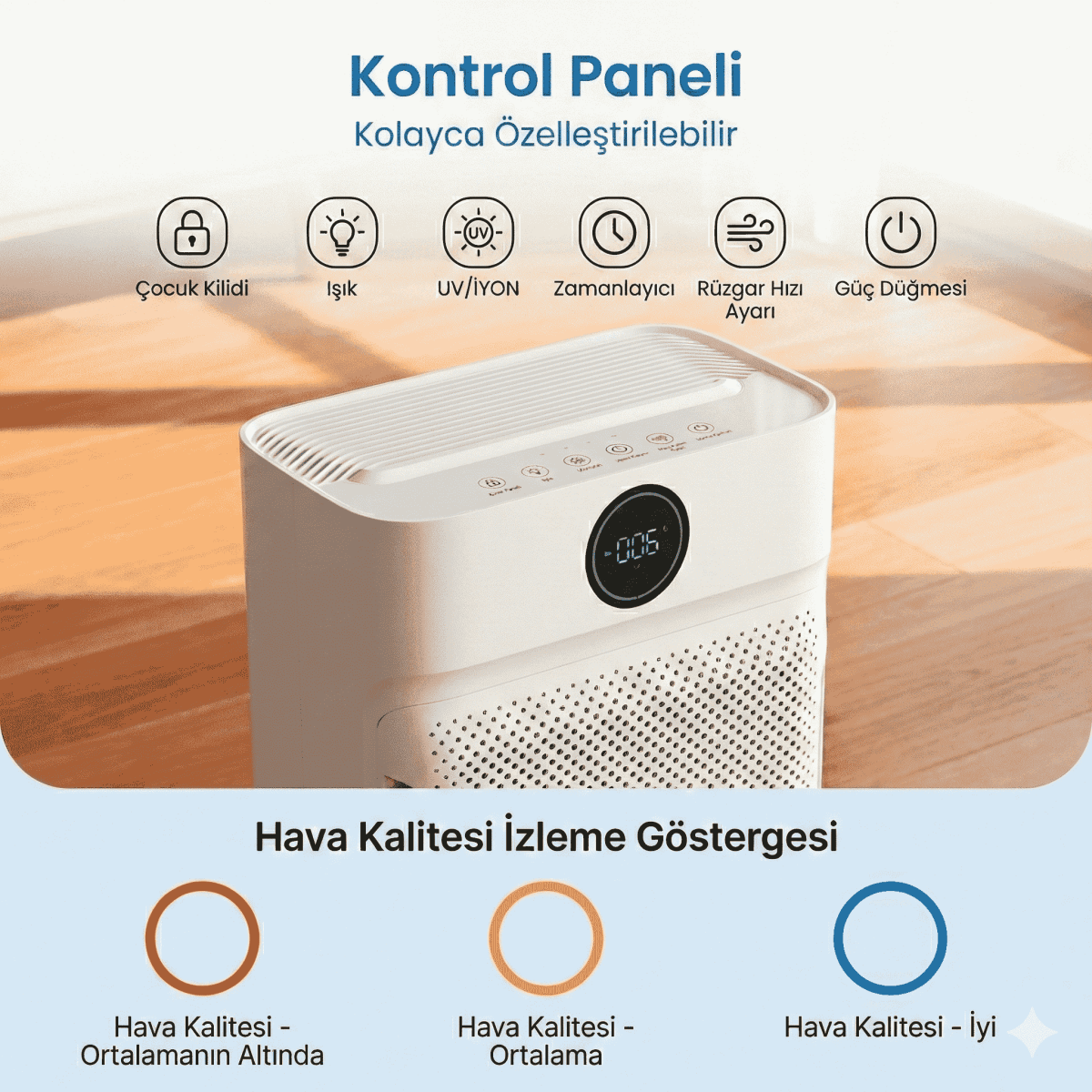 Akıllı Hava Temizleme Cihazı HEPA Karbon Filtre Duman - Hayvan - Polen - Toz - Bi Elma