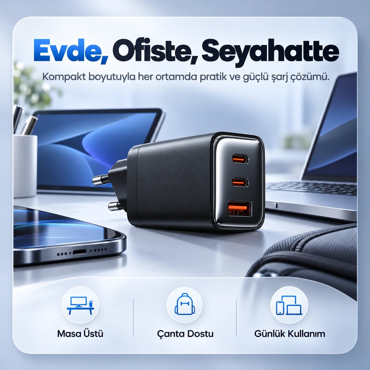 65W GaN Hızlı Şarj Adaptörü – 2 USB-C + USB-A, Siyah - Bi Elma