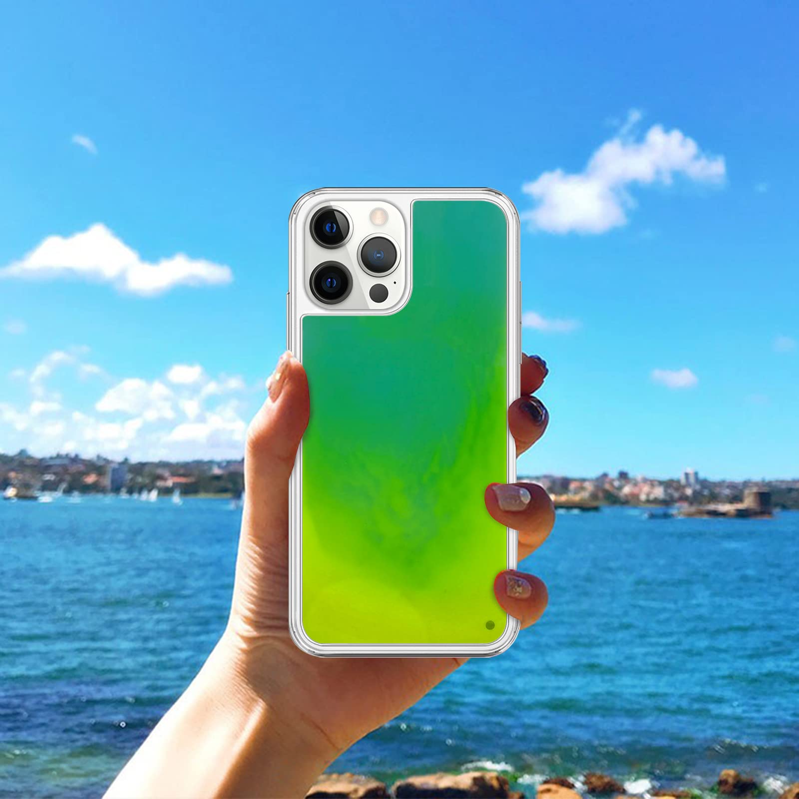 Parlayan iPhone Kılıf – Floresan Quicksand Sıvı Parlak Kum Kılıf - Bi Elma