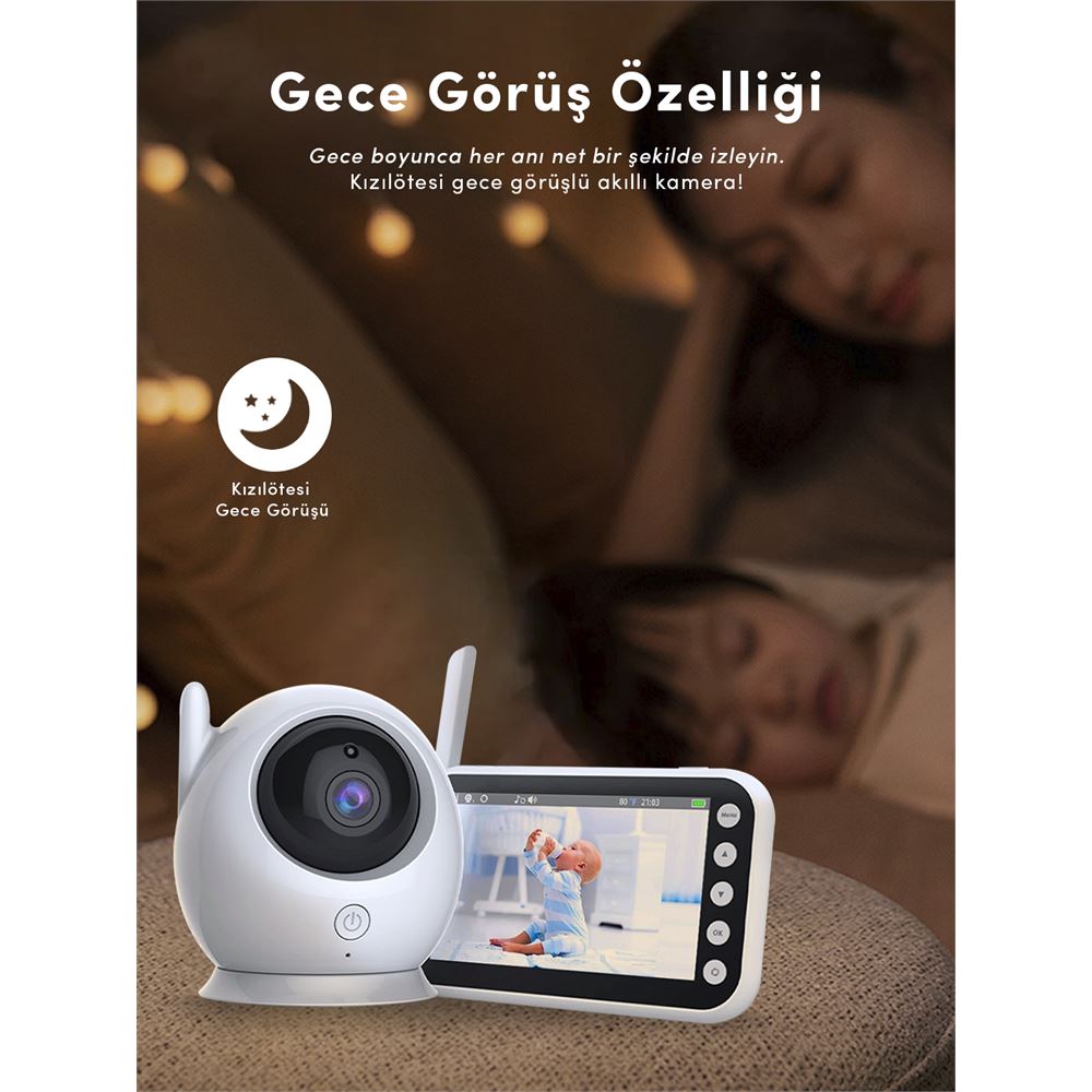 4.3'' Ekranlı Kablosuz Bebek Kamerası – Gece Görüşü, Çift Yönlü Ses, Sıcaklık Sensörü, 8 Ninni - Bi Elma