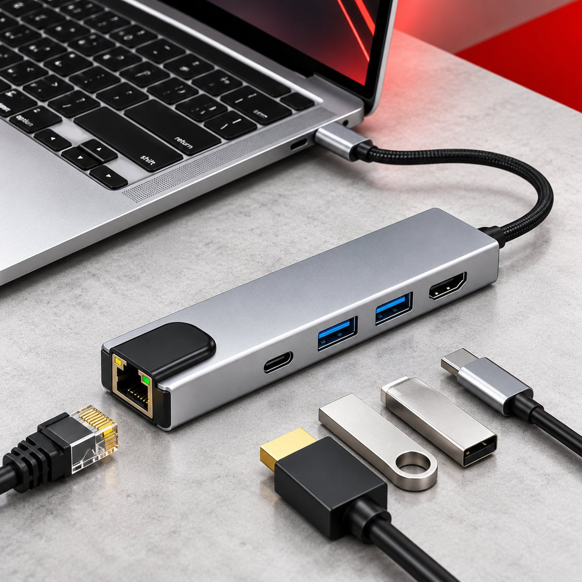 5'i 1 Arada USB-C Çoklayıcı – 100W PD, 4K HDMI, Ethernet - Bi Elma