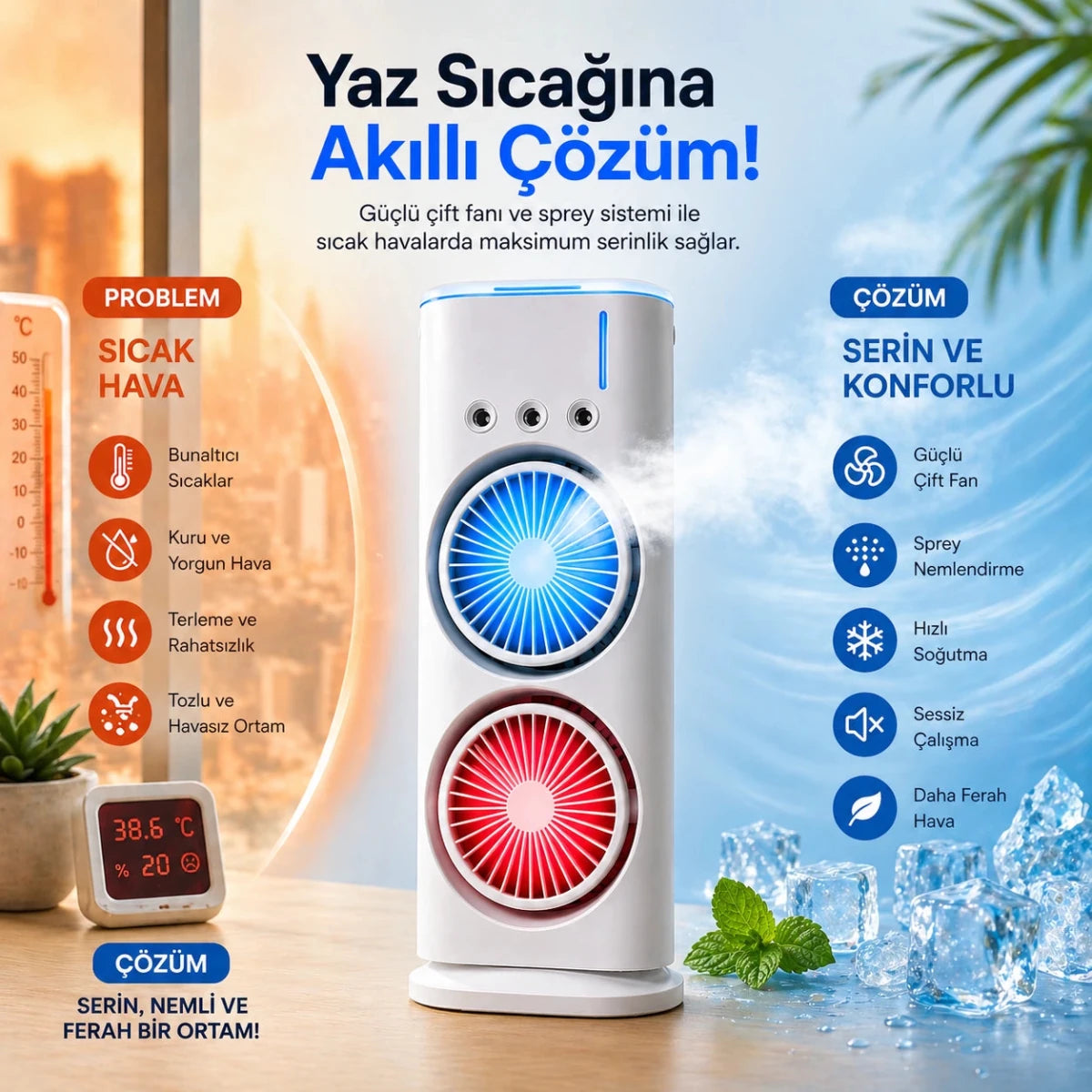 Çift Fanlı Sprey Fan 1800mAh | Mini Klima & Nemlendirici - Bi Elma