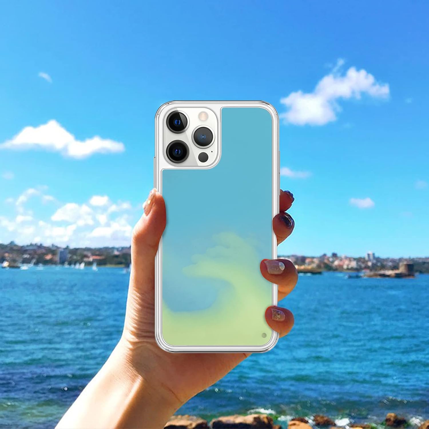 Parlayan iPhone Kılıf – Floresan Quicksand Sıvı Parlak Kum Kılıf - Bi Elma