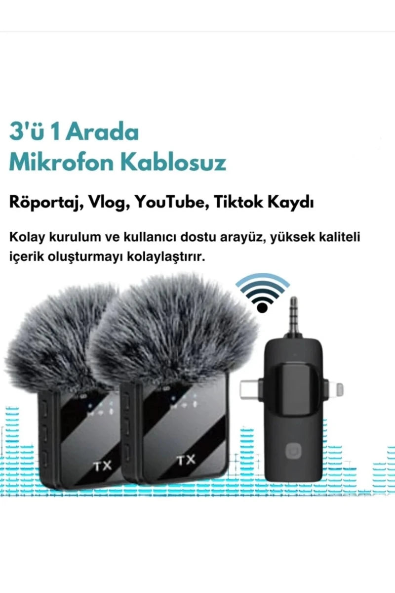 Kablosuz Yaka Mikrofonu Type - C & Lightning | 2.4G Profesyonel Ses Kayıt Seti - Bi Elma