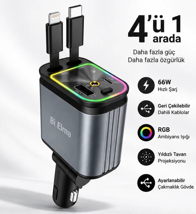 4-in-1 Geri Çekilebilir 66W Araç Şarj Aleti – RGB & Yıldız Tavan Efekti - Bi Elma