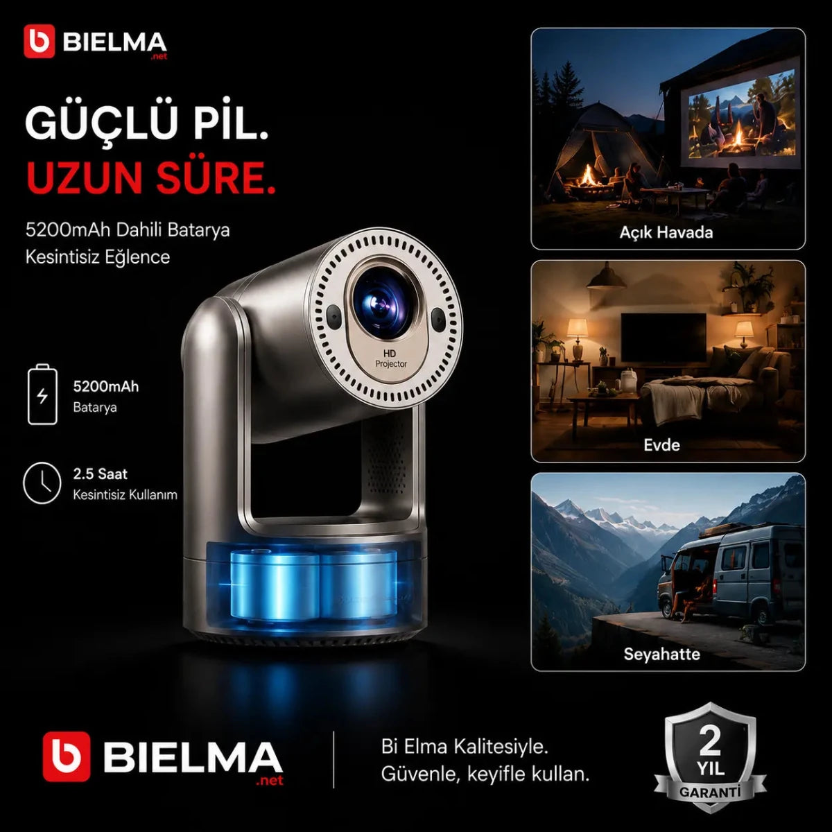 Dahili Bataryalı Premium Android Projeksiyon | Hoparlörlü, Otomatik Odaklı 4K Taşınabilir Sinema - Bi Elma
