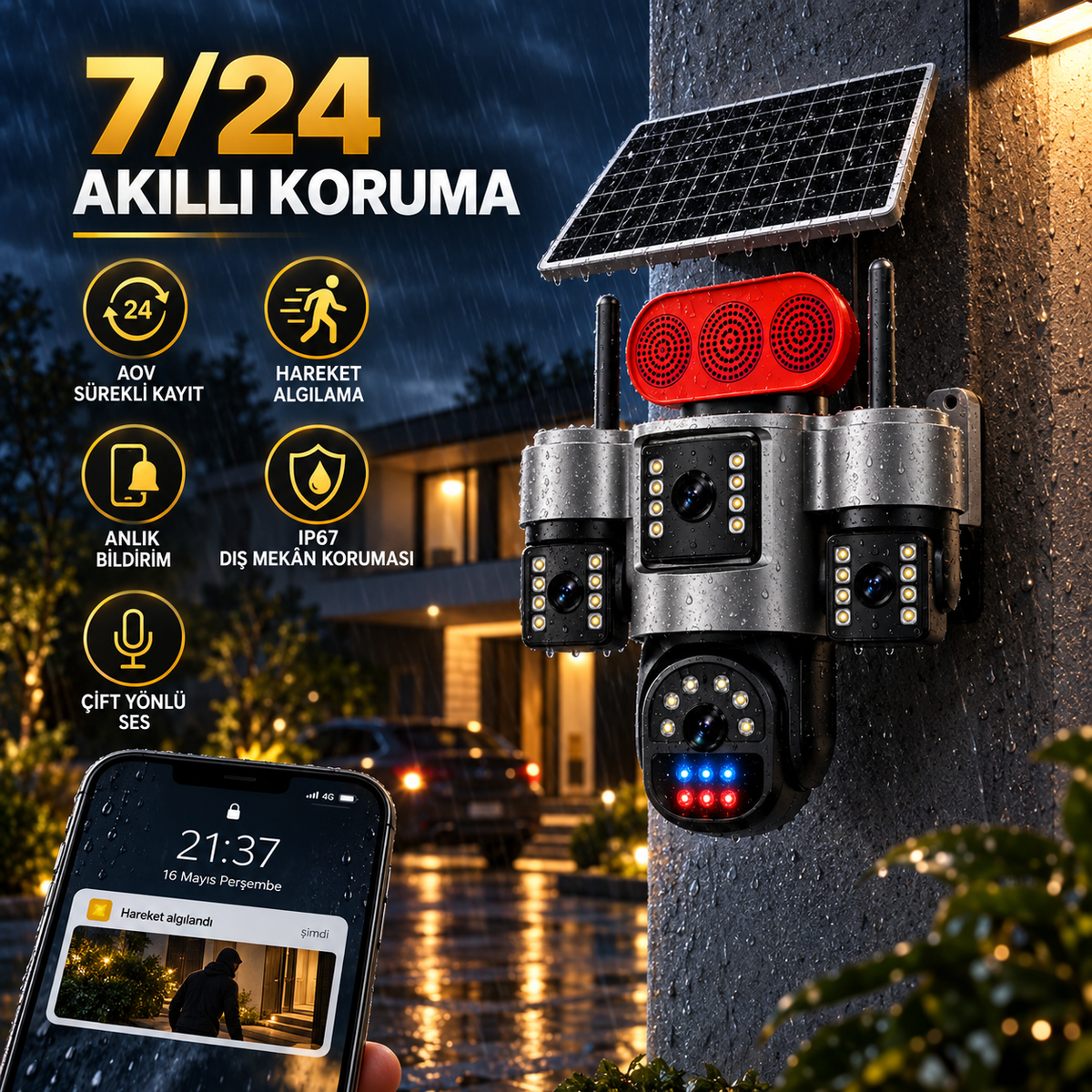 IP67 AOV sürekli kayıt ve hareket algılamalı 4G güvenlik kamerası