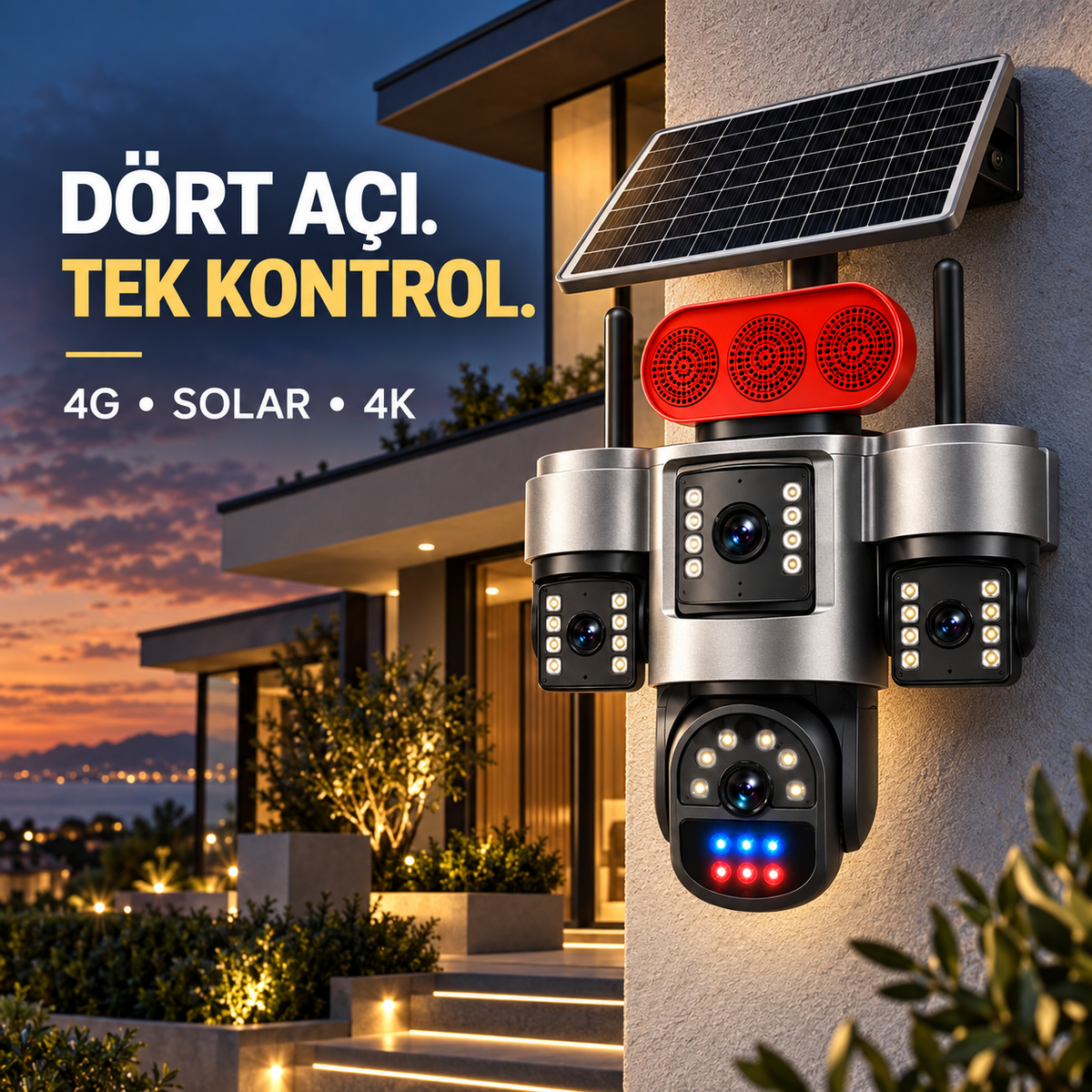dört kamera modüllü 4G solar güvenlik kamerası
