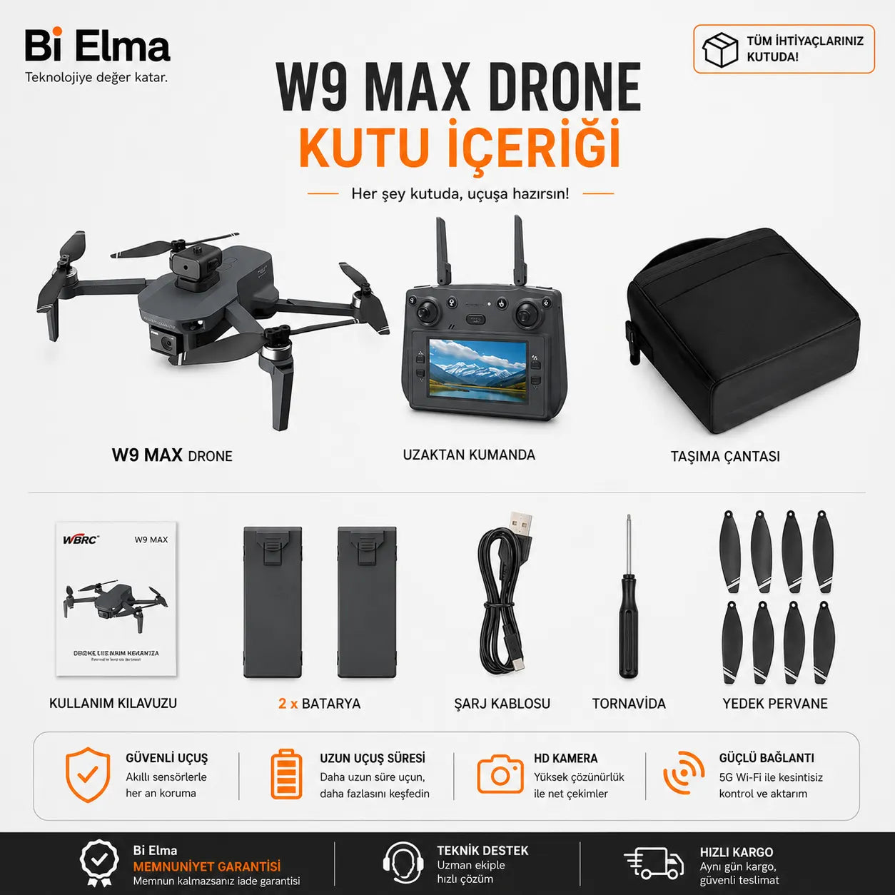 W9 Max Drone – Çift Batarya, Çift Kamera, GPS Takip, Fırçasız Motor, Engel Algılama, Ekranlı Kumanda